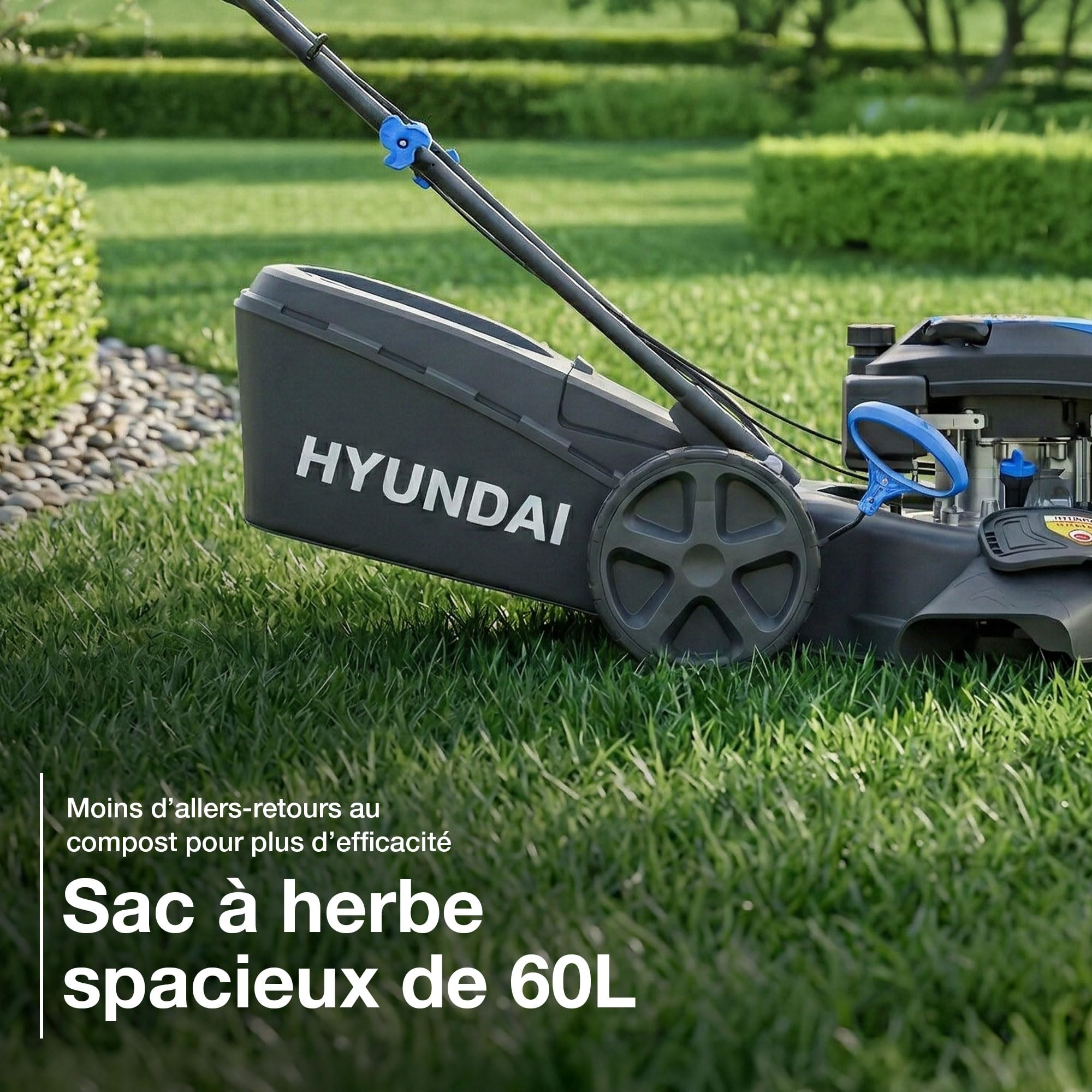 Hyundai Tondeuse à Gazon Thermique Autotractée Noire 46 cm, Démarrage Électrique, Moteur 139 cm3 3,7 CV, Bac 60 L, 4-en-1, Garantie 3 Ans - HYM18150SPEX