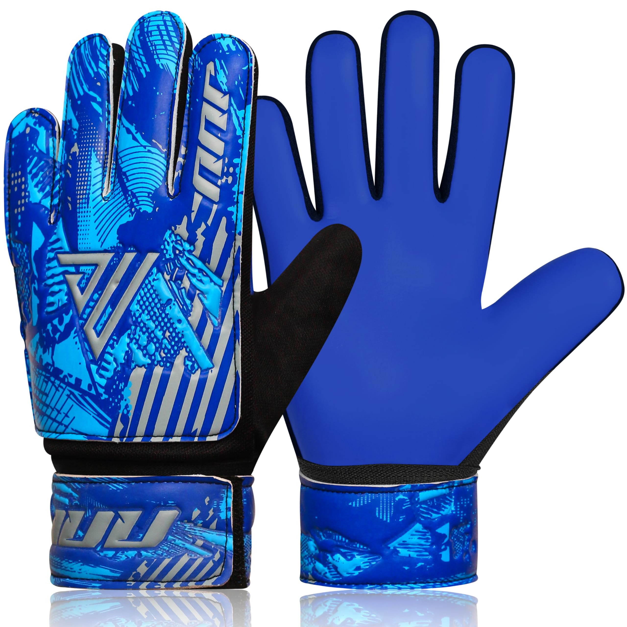 JUU Football Goalkeeper Gloves with 4mm Latex for Super Grip Palm & Double Wrist Protection Funky Goalkeeping Gloves (Blue, Size 6 suitable for 13 to 15 years old)