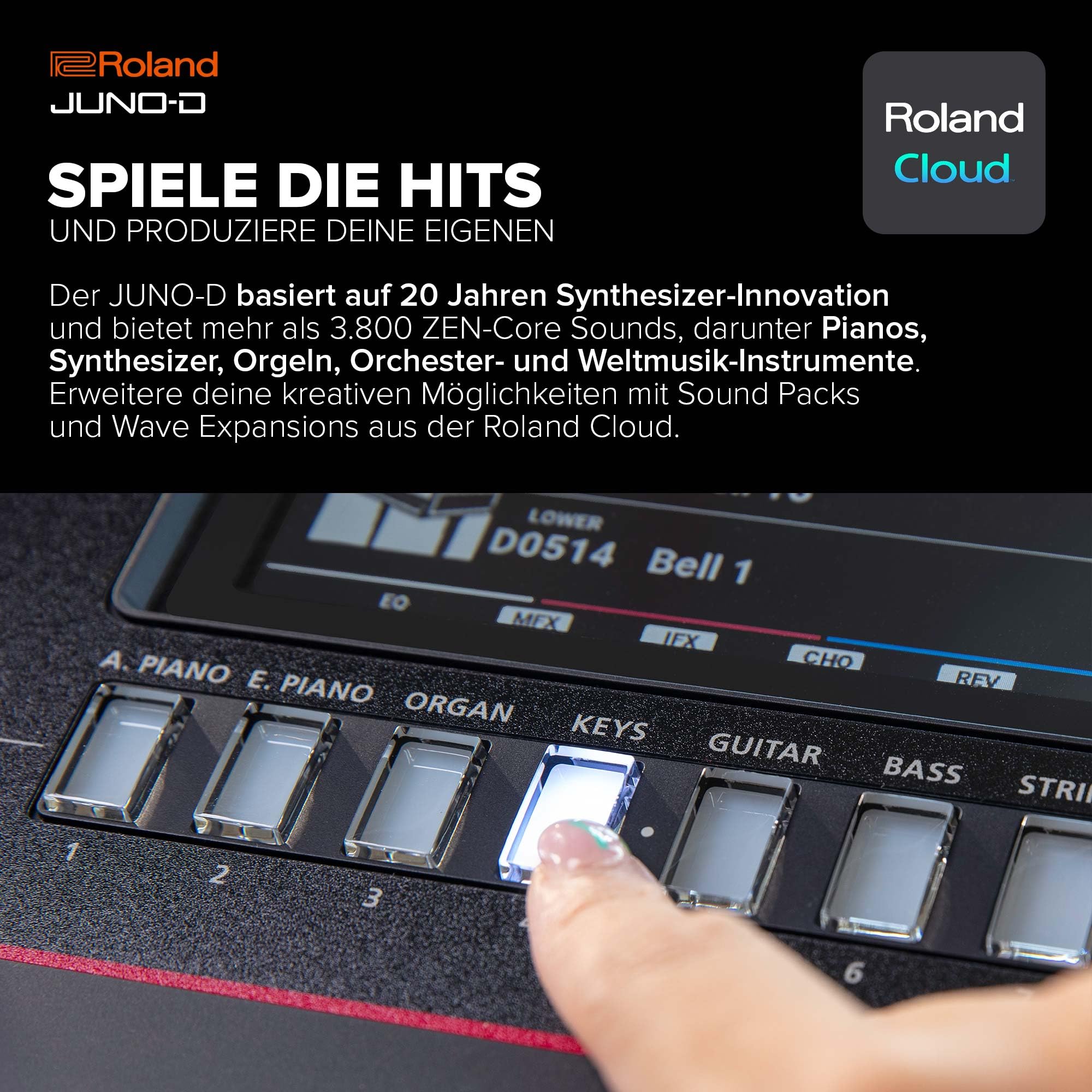 Roland JUNO-D6 Synthesizer | Synthesizer-Tastatur mit 61 Tasten | ZEN-Core Engine mit über 3.800 integrierten Sounds | Intuitive Kreativwerkzeuge | USB-C Audio/MIDI Interface