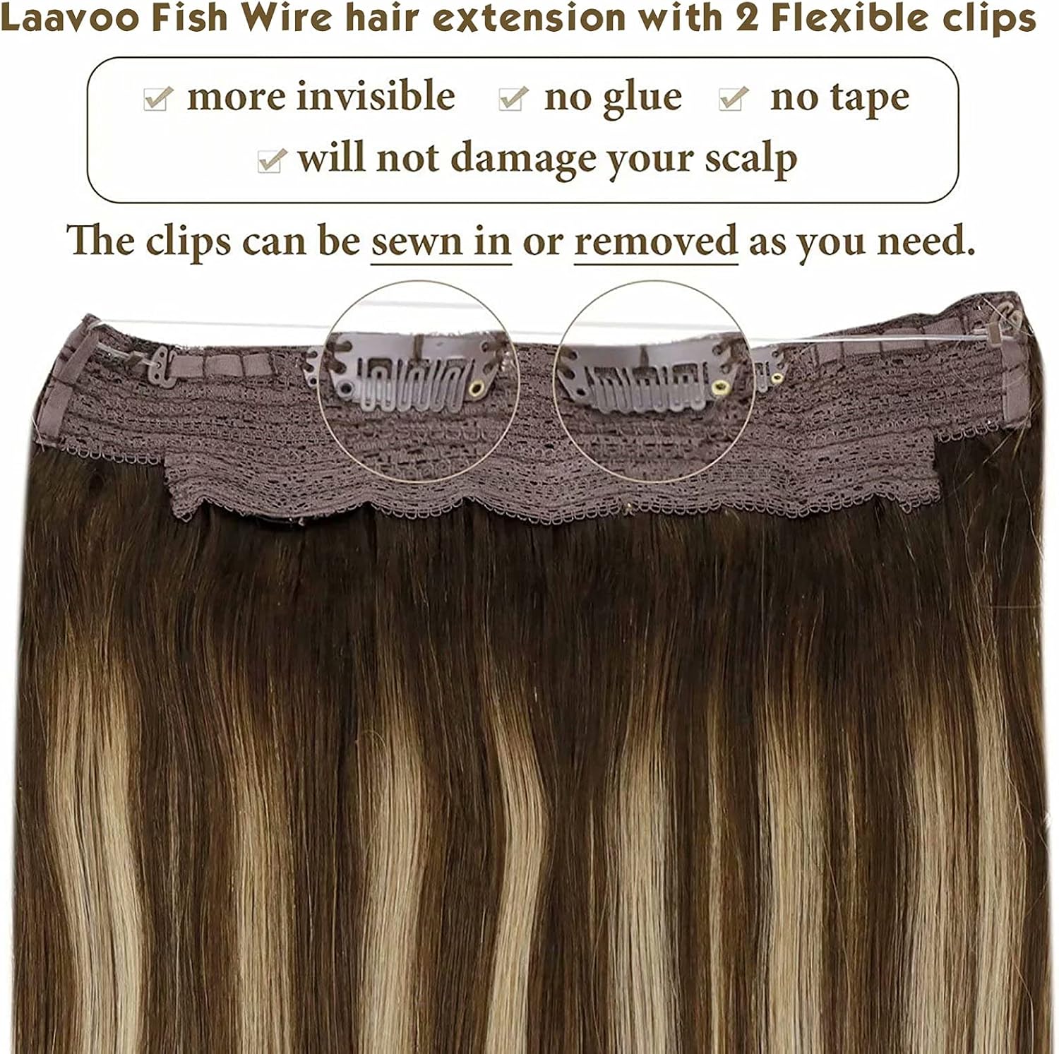 LaaVoo Human Hair Extensions Balayage Dark Brown Mix Caramel Blonde Real Remy Hair Invisible Wire Undetectable 100% Real Straight Hair Extensions Long-Lasting 100g 20 Inch #4/27/4 - Image 5