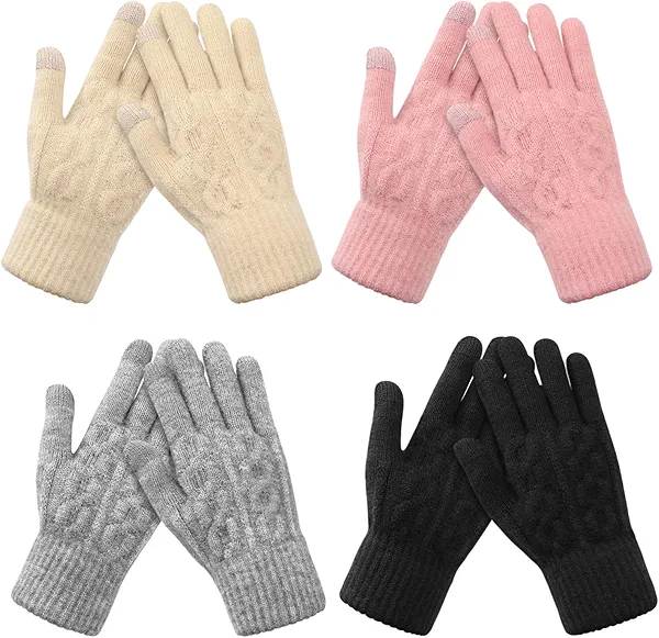 Pleneal 4 Pairs Winter Gloves for Women, Touchscreen Glove Womens Warm Lining Glove, Knitted Gloves for Cold Weather