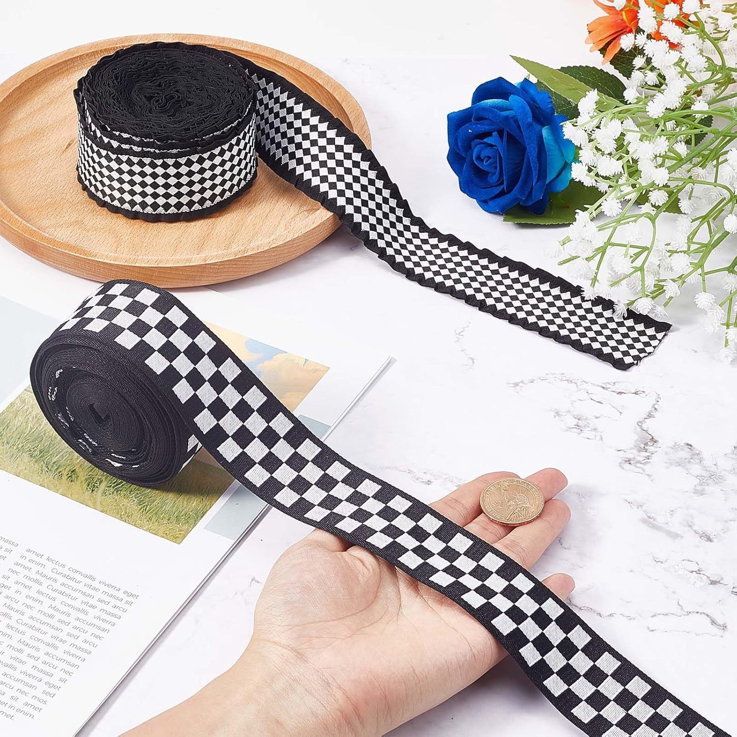 GORGECRAFT 20 Yards 2 Style Black and White Check Ribbon Checkered Burlap Ribbons Tartan Style Diamond Pattern Buffalo Plaid Wired Edge Fabric Riband for Gift Wrapping Christmas Tree Decor Crafts