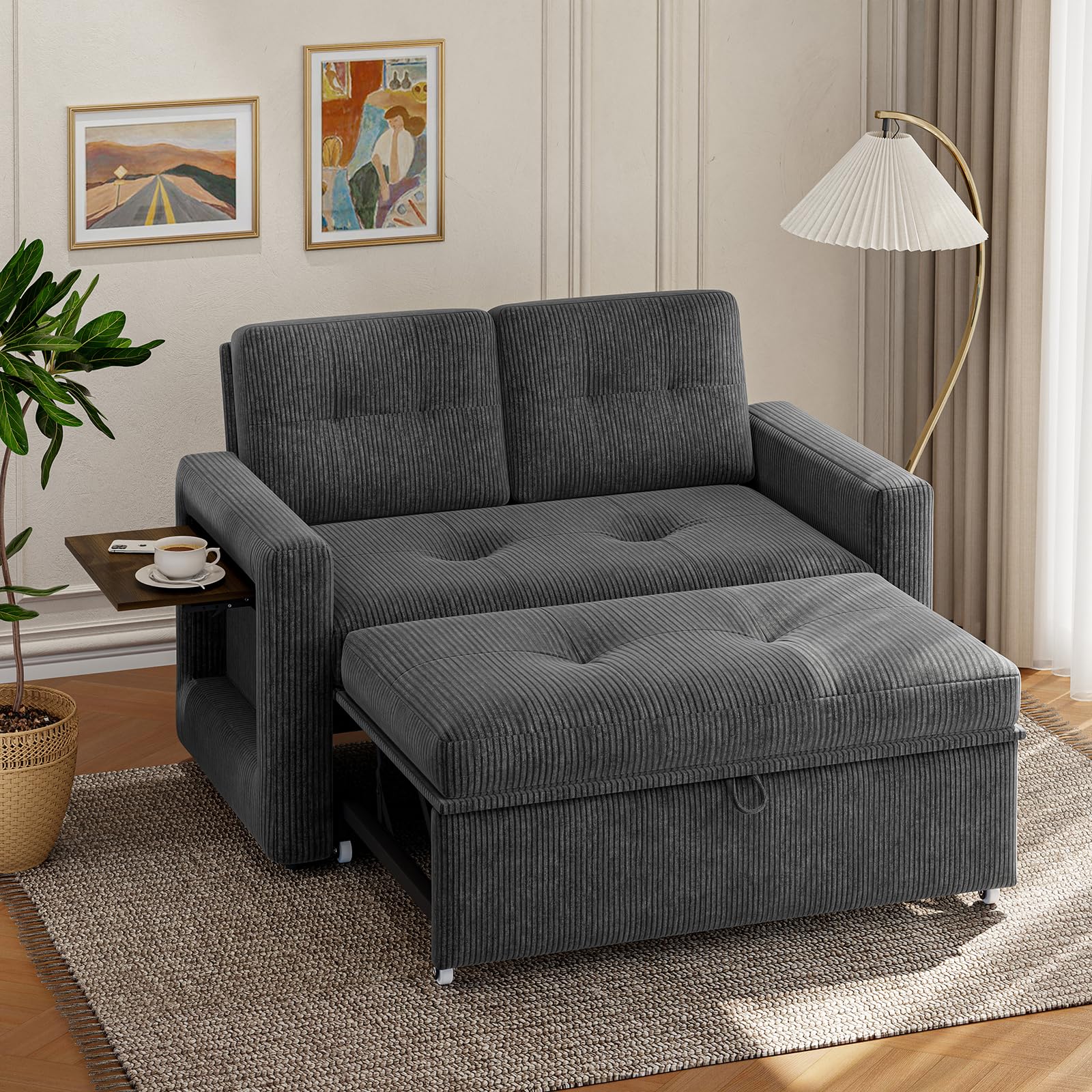 YOUDENOVA Divano letto 3-in-1, Poltrona letto con funzione salotto, Divano relax con schienale regolabile a 5 posizioni, Divano a 2 posti letto con tavolo e tasche laterali, Coste Grigio