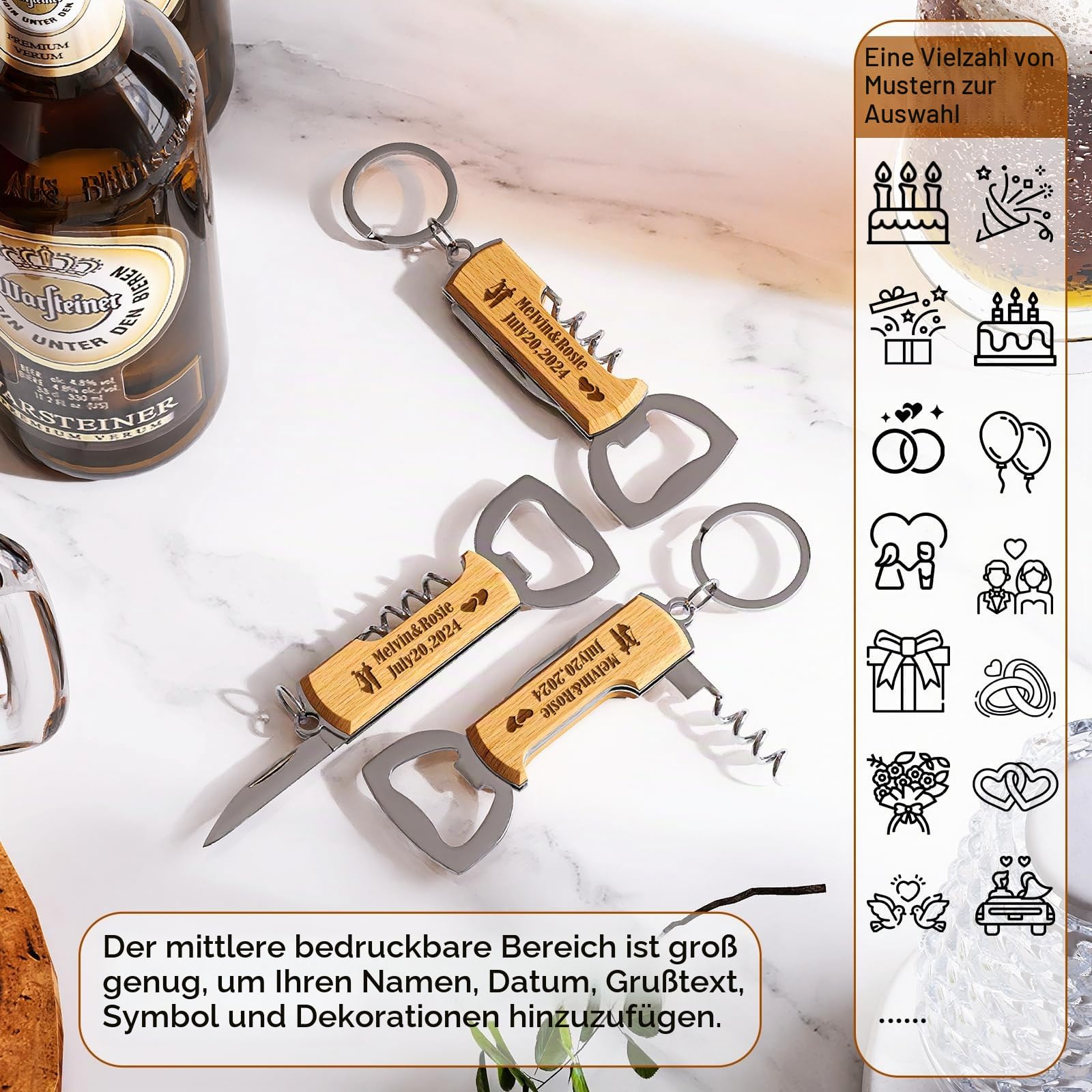 100 Stück Personalisierte Multifunktionale Hölzerne Flaschenöffner für Hochzeitsparty, Hochzeitsgeschenke für Gäste, gravierte Flaschenöffner Schlüsselanhänger aus Edelstahl, Holz