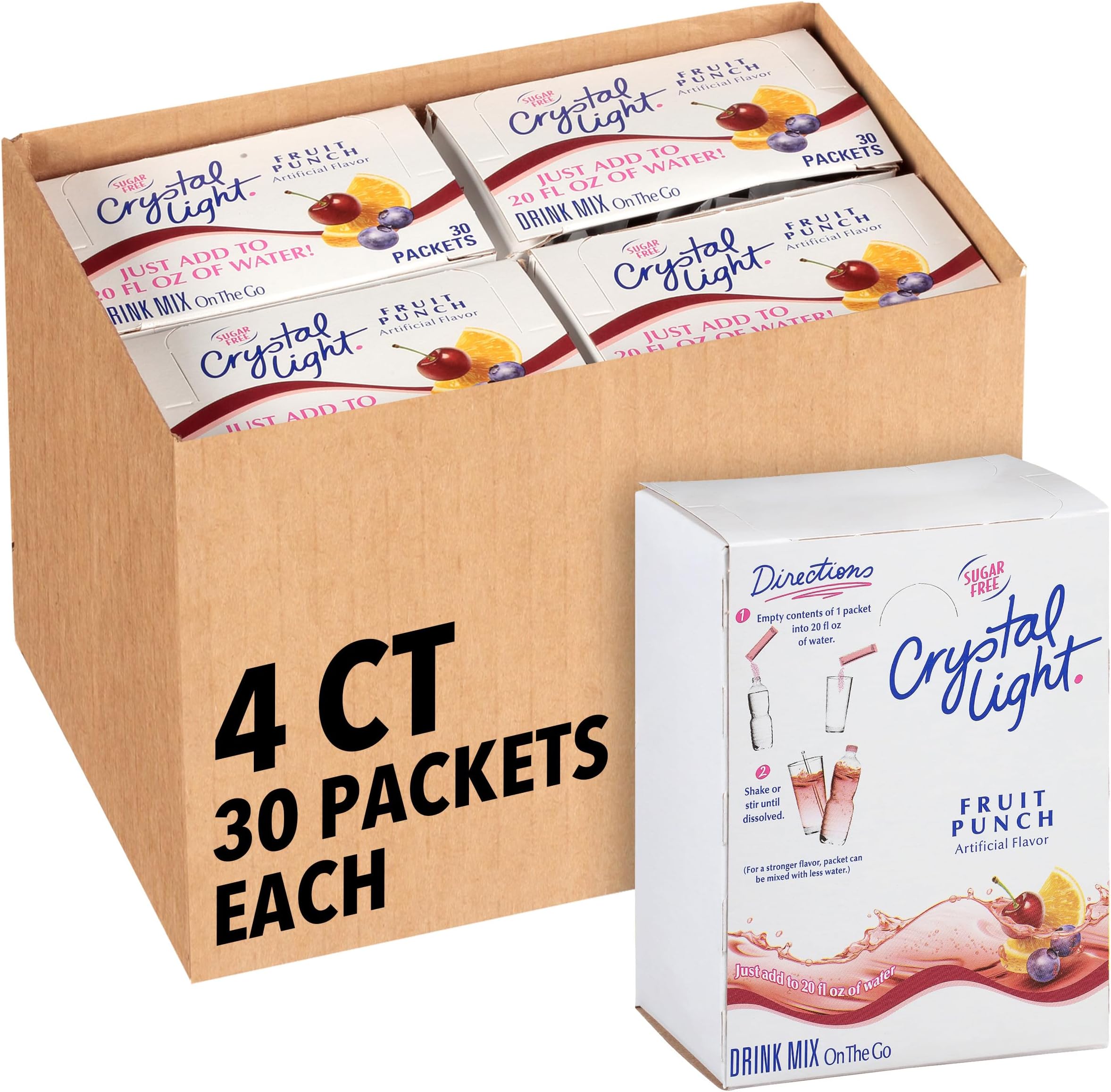 Crystal Light Sugar-Free Fruit Punch On-The-Go Powdered Drink Mix 120 Count, 30 Count (Pack of 4)