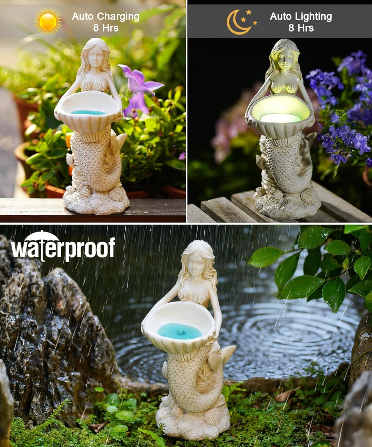 Nacome Solar Mermaids Birdbath Garden Decor: Outdoor Statues Ornaments for Outside Decorations Yard Art Lawn Porch Patio Balcony - Birthday Gifts for Mom Grandma Women Lover