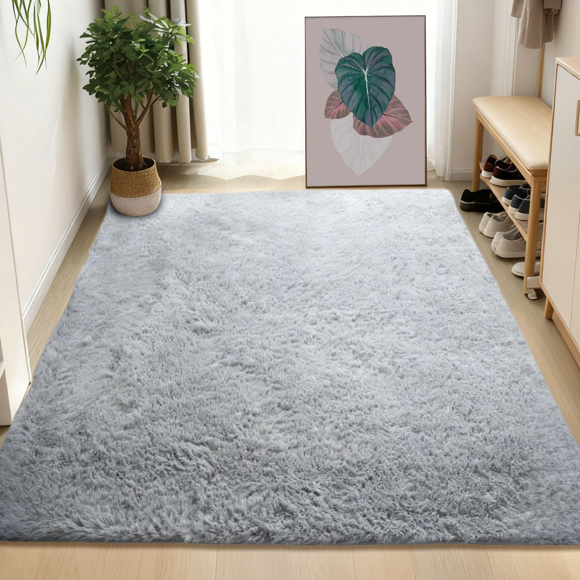 Tapis de salon antidérapant et moelleux grand format lavable gris