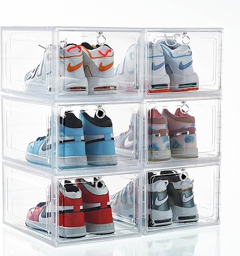 Miniatura 4 de Paquete de 6 cajas de almacenamiento de zapatos de plástico transparente apilable, caja de zapatos con puertas magnéticas frontales caídas,