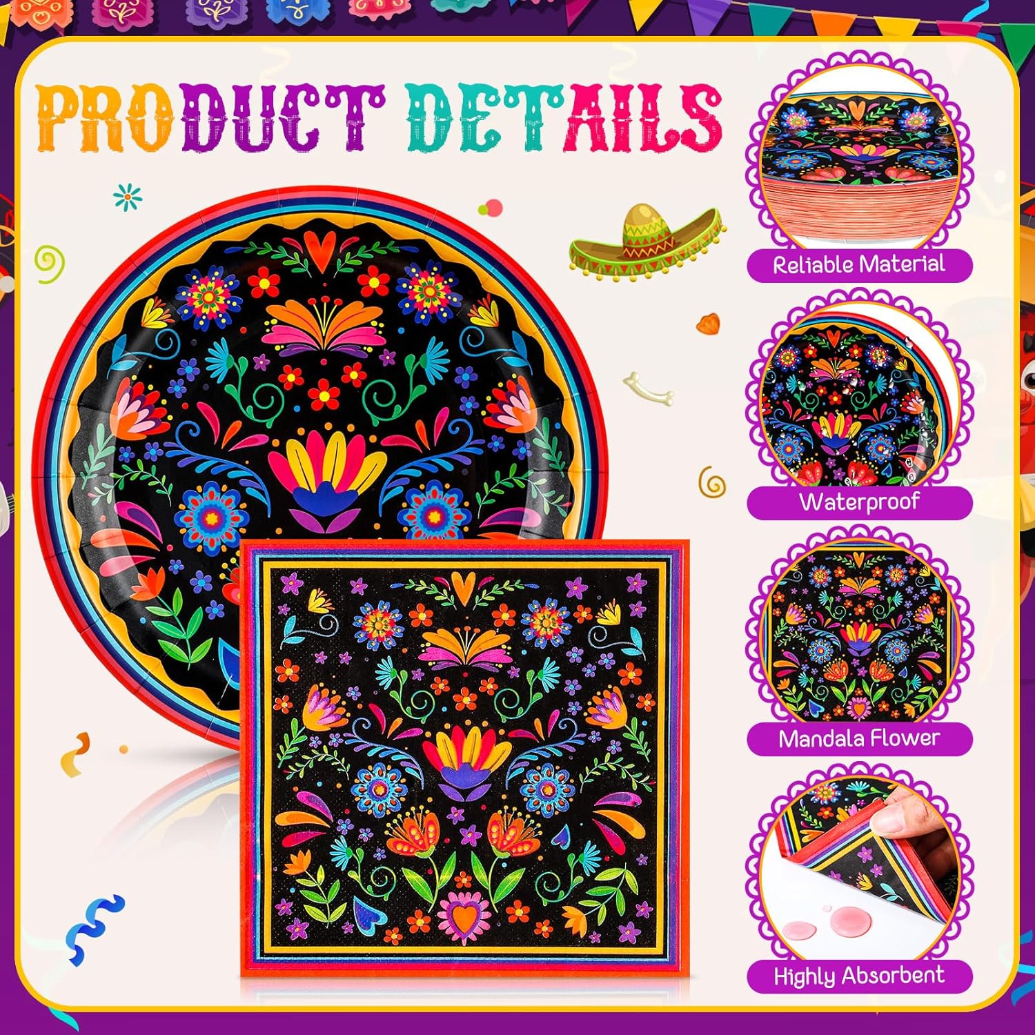 Domensi 144 Pcs Mexican Birthday Party Decoration Supplies for 20, Mexican Floral Cielito Lindo Paper Plates Napkins Cups Banner Papel Picado Tablecloth Cutlery Fiesta Birthday Tableware(Black)