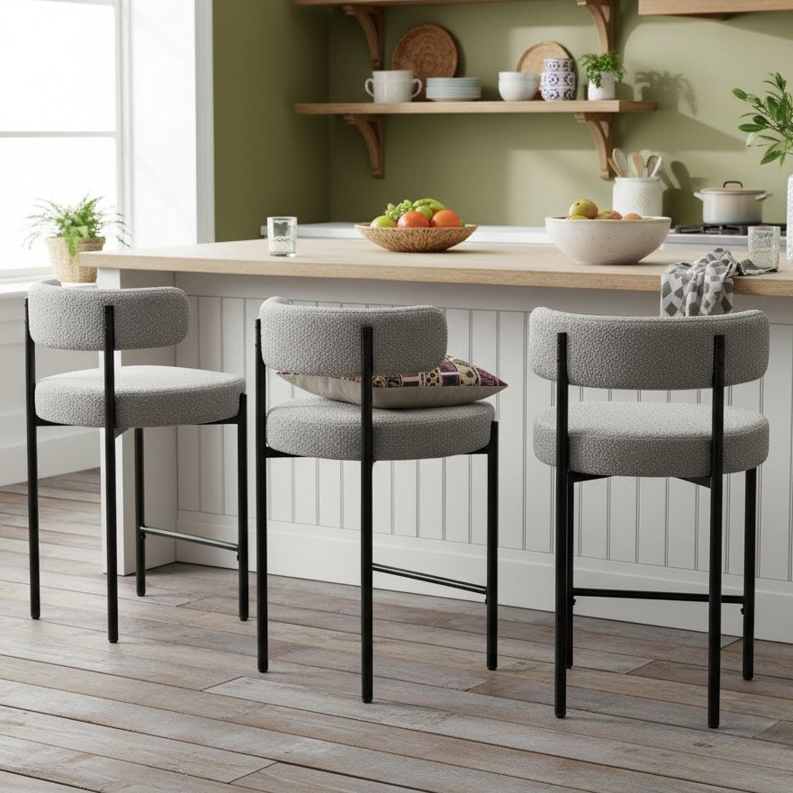 Forsalund Counter Height Bar Stools, 24'' Grey Bar Stools Set of 3, Boucle Barstools with Back, Mid-Century Modern Bar Chairs for Kitchen Island,