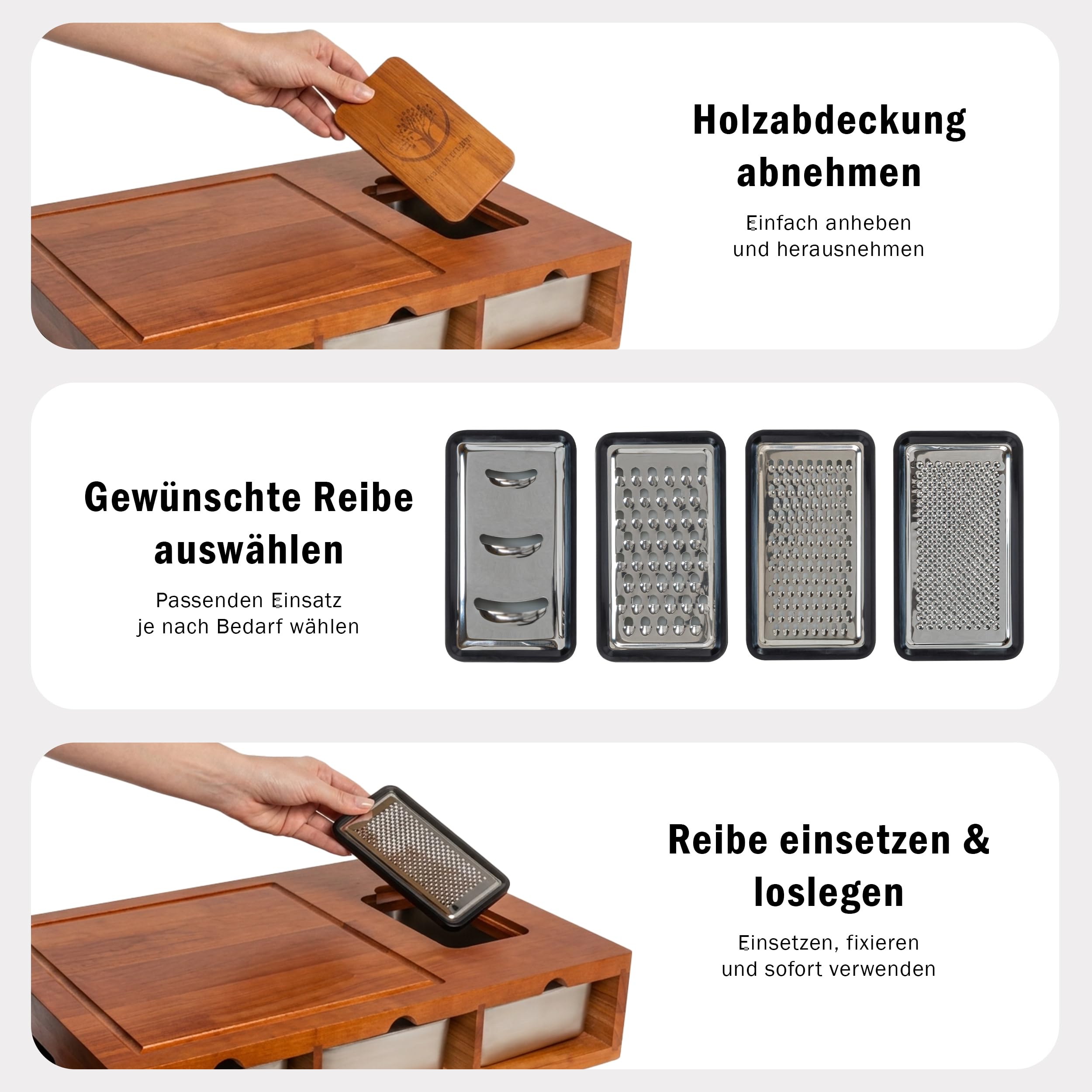 Premium XXL Küchenstation Schneidebrett mit Auffangschalen aus Kautschukholz 50x35 cm - Messerschonendes Holzbrett - Schneidebrett-Set mit 4 Edelstahl-Reiben