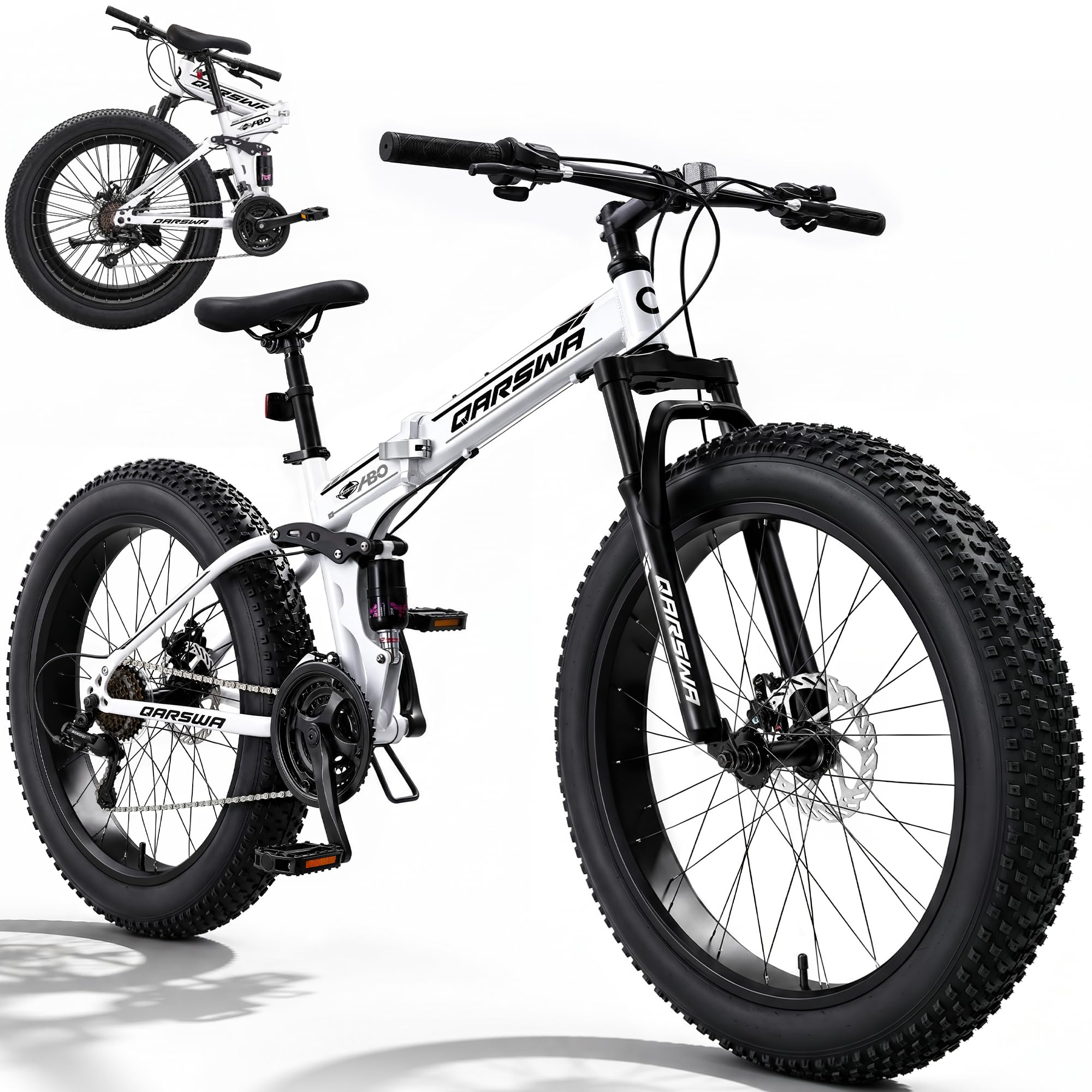 QARSWA Foldable Fat Tire Mountain Bike, 26 Inch All Terrain MTB with 21-Speed Shifter& Disc Brakes, Carbon Steel Frame, 4" Wide Tires for Adults Men Women, Off-Road & City Commuting