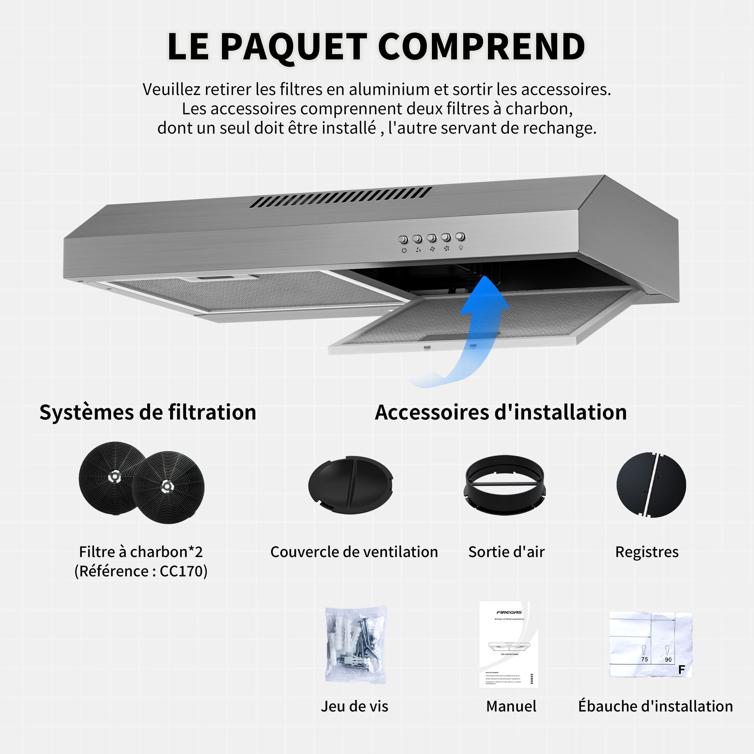 FIREGAS Hotte Aspirante 60 cm en Acier Inoxydable – Moteur Sans Balais, 3 Vitesses, 250 m³/h, Classe Énergétique A+, Faible Niveau Sonore, Installation Murale ou Sous Meuble