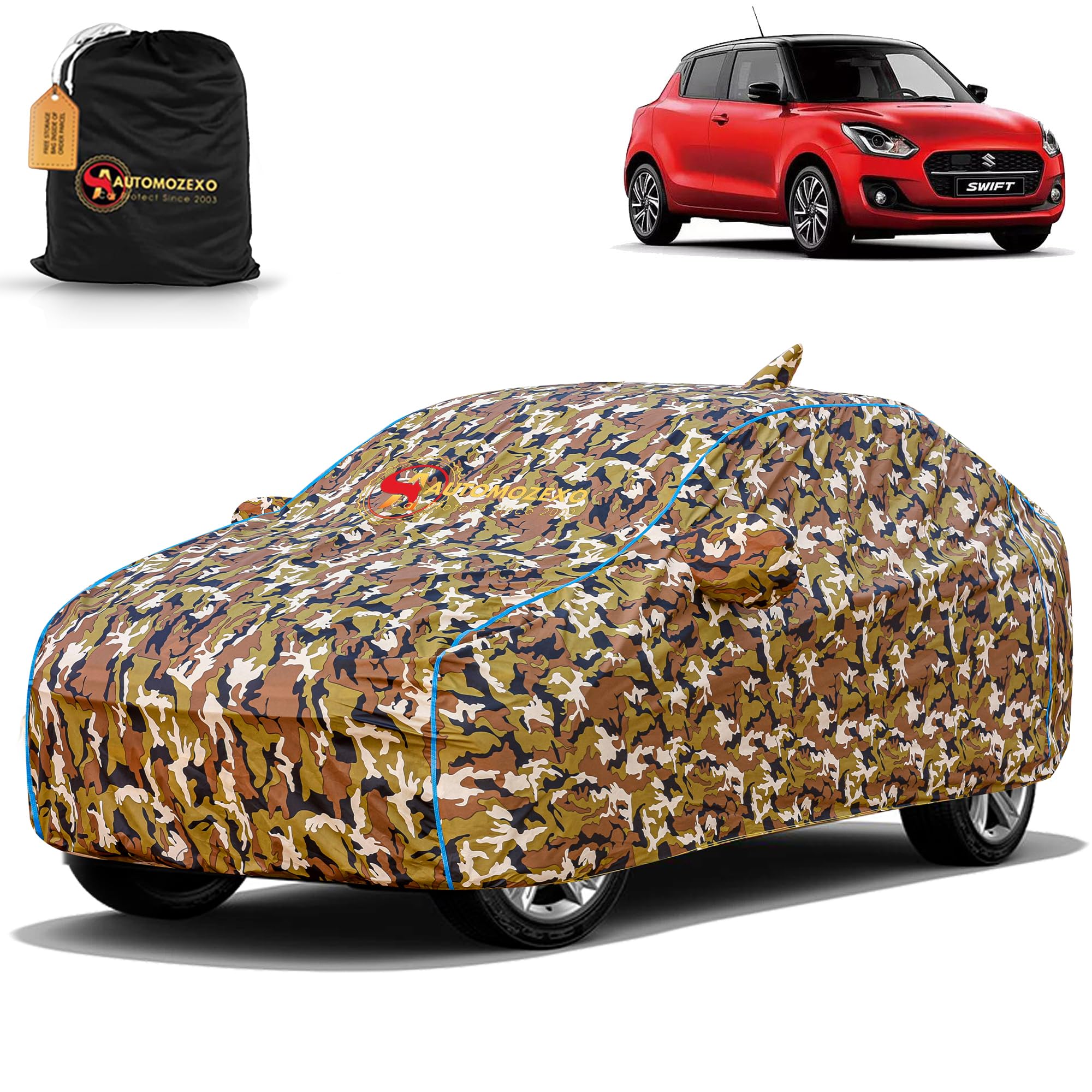 Maruti Swift 100% Waterproof Car Cover for All Weather Protection with Mirror & Antena Pocket Inner Cotton Triple Stitched Cover with Adjustable Belt Bottom Elastic to Secure Fit -Jungle