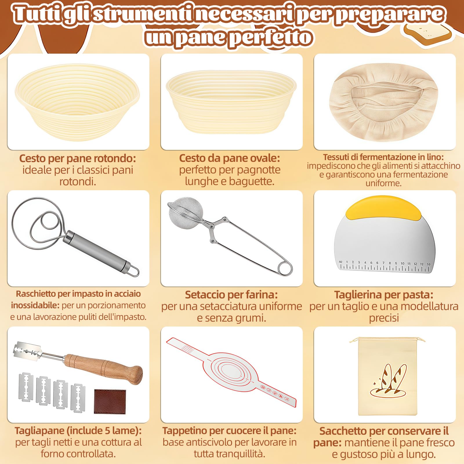 Set di 10 cestini per lievitazione naturale, 23 cm, rotondi e 25 cm, ovali, cestino per la lievitazione, per il pane, pieghevole, con raschietto per impasto, per il pane, per la fermentazione e altro