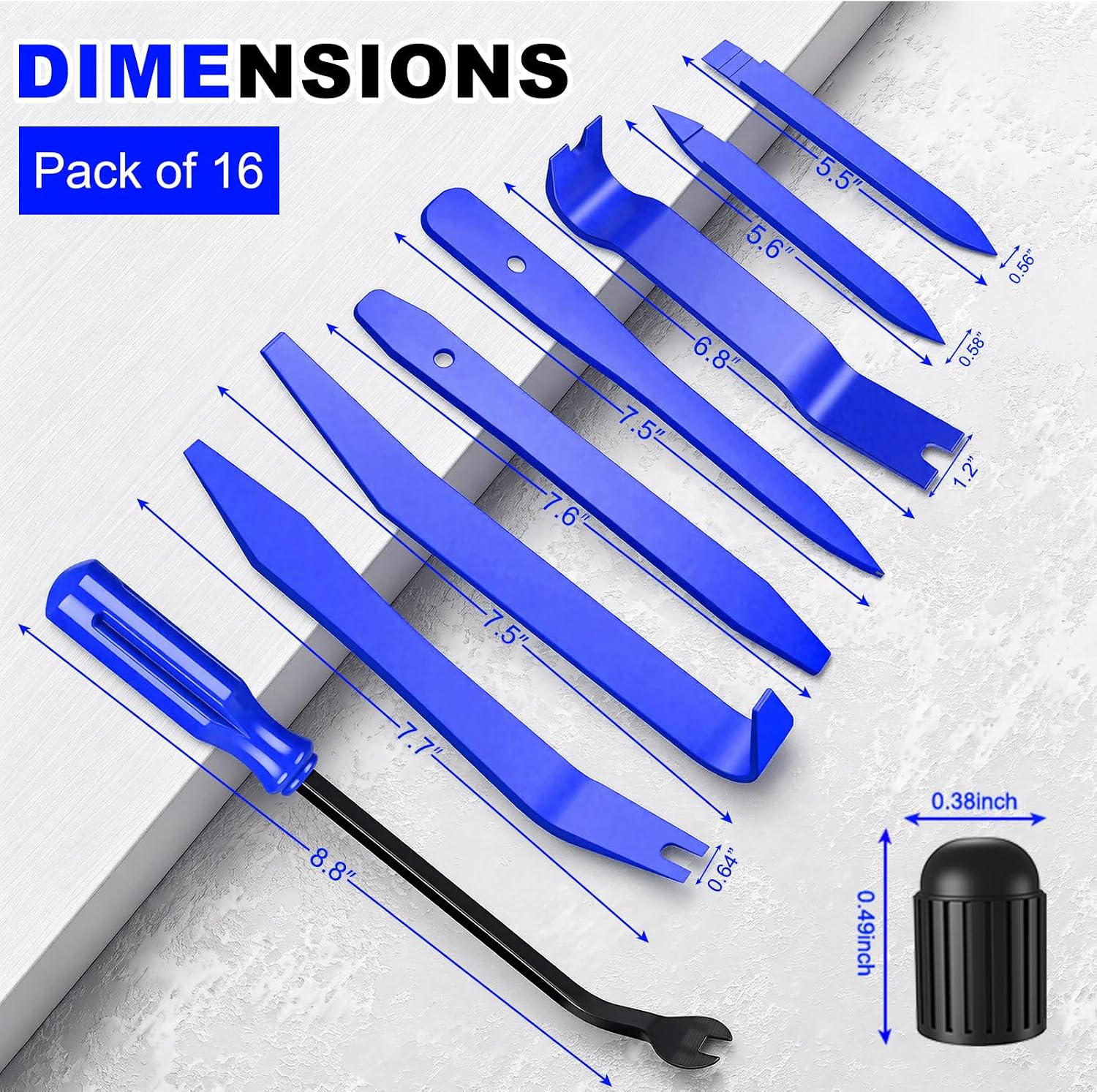 16 Pcs Auto Trim Removal Tool Kit with Non-Scratch Plastic Pry Tool Fastener Remover and Tire Caps Valve, Interior Door Panel Clip Removal Set for Vehicle Dash,Blue