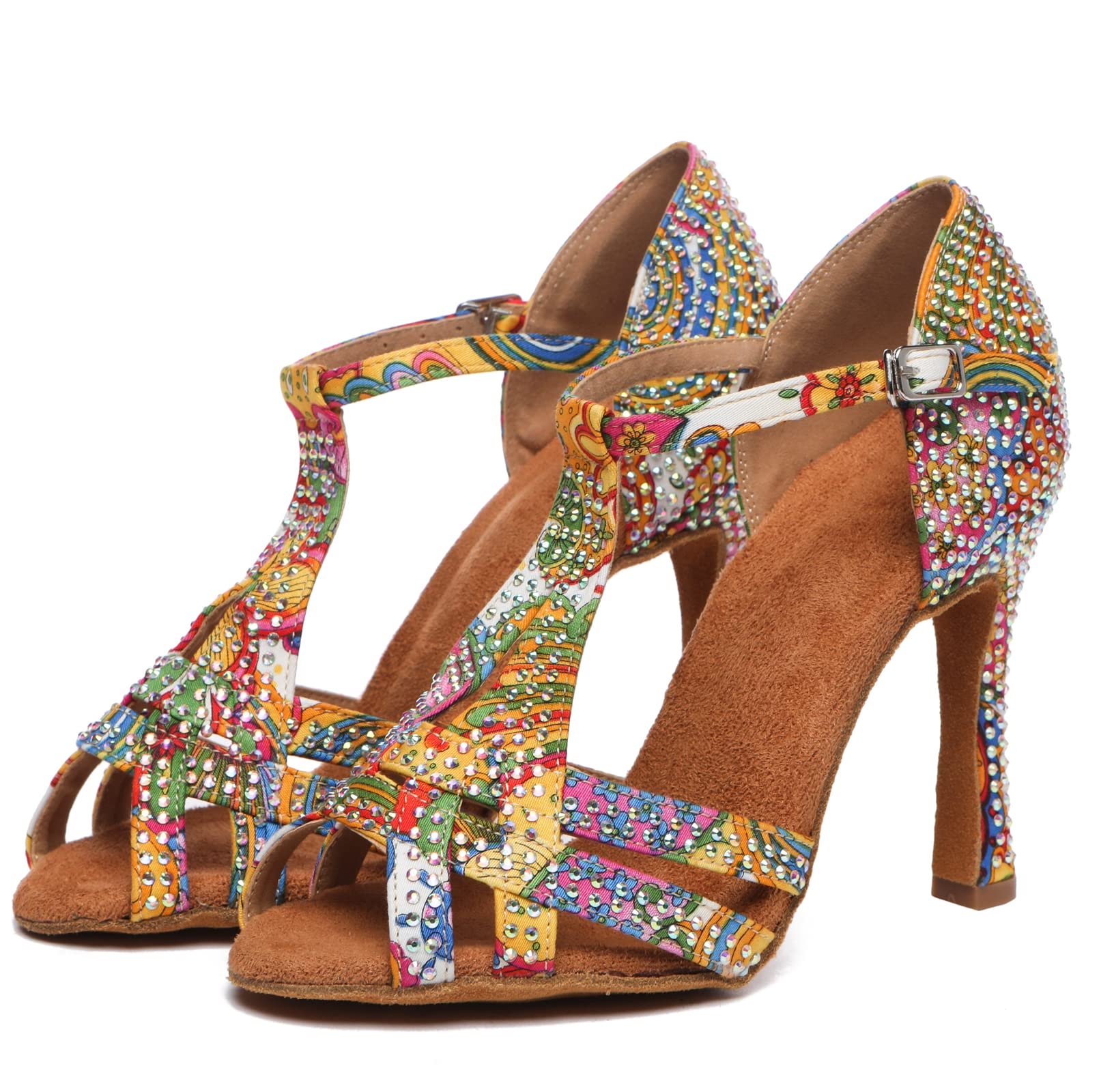 Minishion T-Strap Dance Shoes for Women Rhinestones Wedding Sandals L547 Multicolor US 10