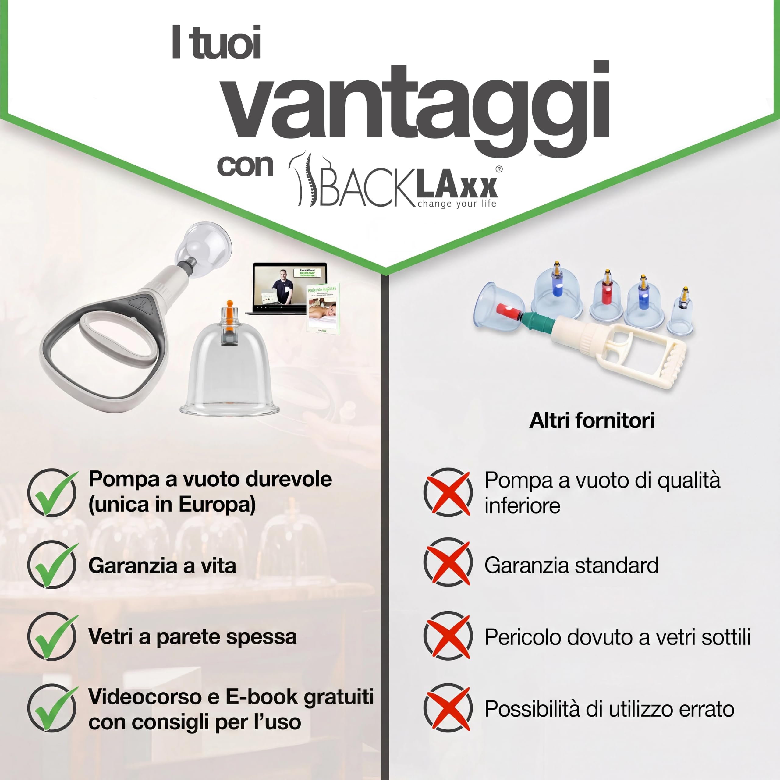 BACKLAXX® Coppette Massaggio con Pompa a Vuoto 12 Pezzi | Set Coppettazione con Magneti Terapeutici | Coppette per Coppettazione Massaggio |con Videocorso ed eBook