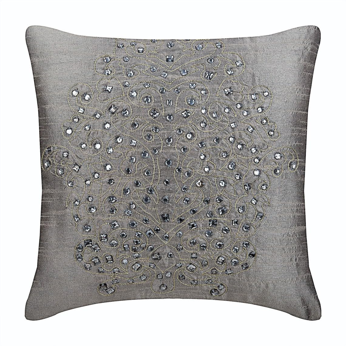 The HomeCentric Silver Decorative Cushions Cover, Gold Crystals Damask Embroidered Cushions Cover, 40x40 cm (16x16 inch) Throw Cushions Cover, Silk Cushioncase, Floral - Silver Gold Damask — image 1