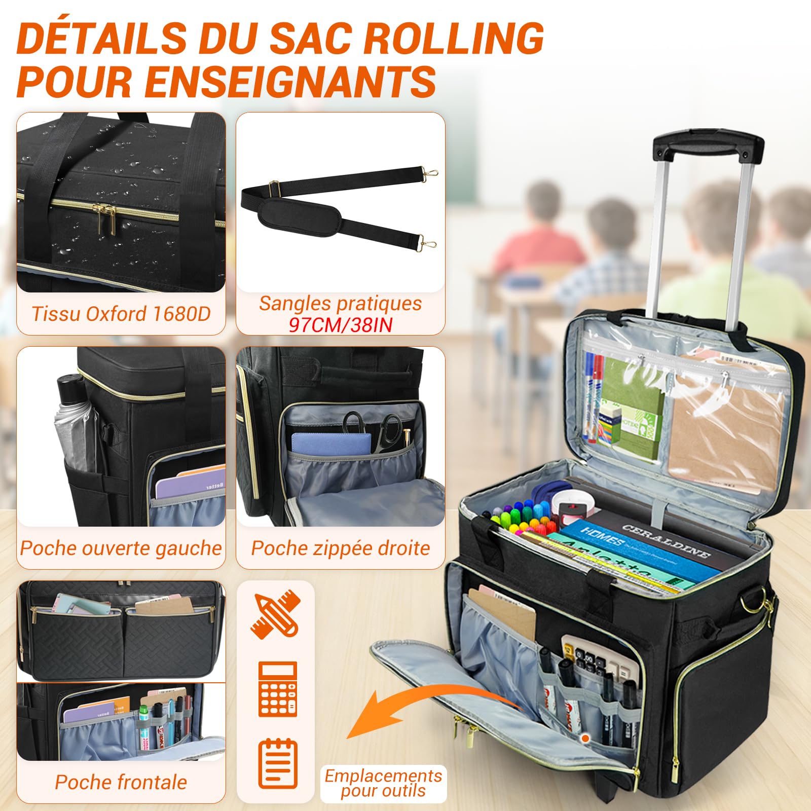 SUNDOY Sac de Travail à roulettes pour Enseignants, Noir - Pied-de-Poule | Sac à Ordinateur Portable jusqu'à 17,3 Pouces, Compartiment Extensible
