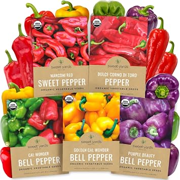 Organic Sweet Pepper Seeds Variety Pack - 5 Individual Packs - 2026 Season - Red, Yellow, Green and More! for Indoor & Outdoor Planting Non-GMO, Certified Organic