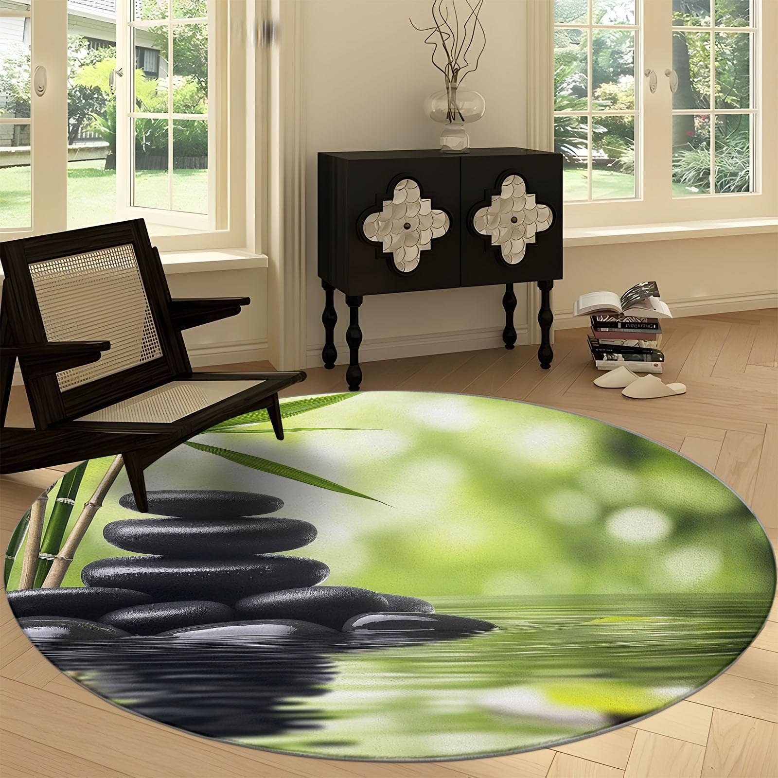 Tapis Rond de Sol 180 cm Plantes en Pierre Noire de méditation, Tapis Lavable imprimé atmosphère de méditation à Poils Courts - Moquette Coureur antidérapant Doux pour Salon Chambre Salle à Manger