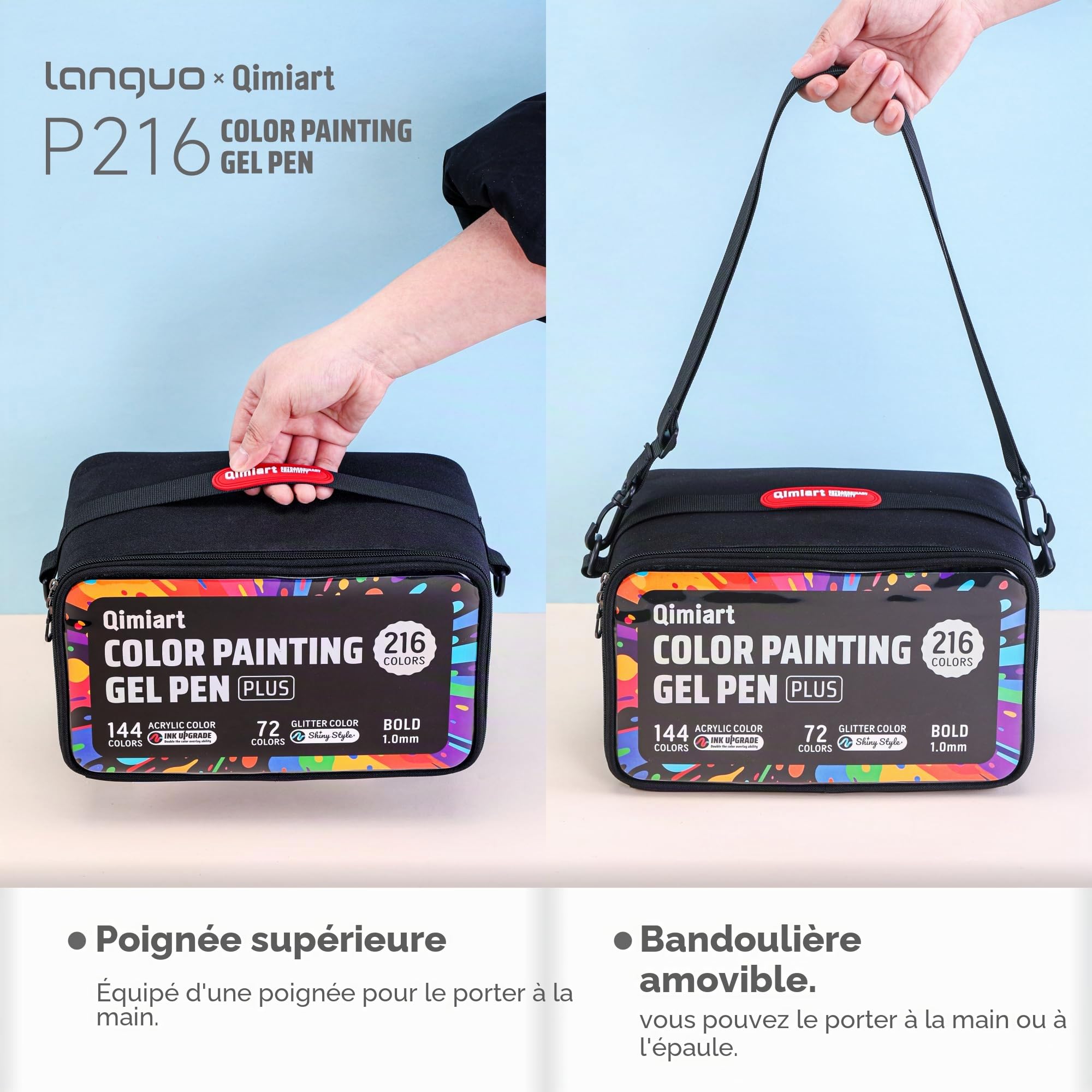 Languo Lot de 216 stylos à encre gel acrylique avec paillettes - 144 stylos de peinture acrylique et 72 stylos à paillettes pour coloriage pour adultes - Pointe large de 1,0 mm - Avec étui de