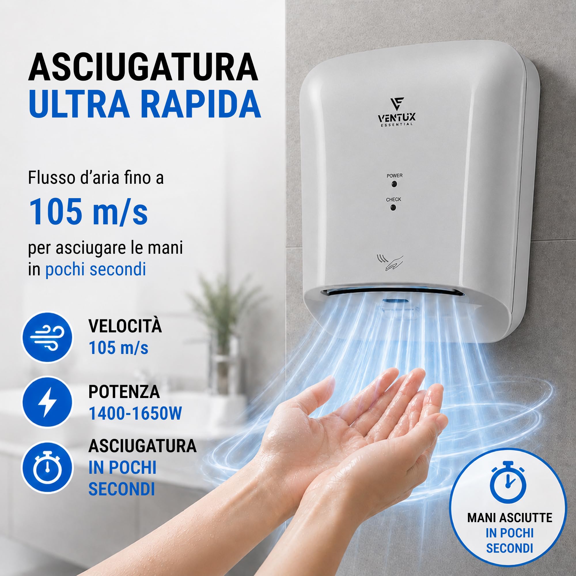 Sèche-mains électrique blanc mural – automatique à photocellule IP24 | Démarre seul par cellule – Plus de papier à jeter – Sanitaires publics et bureaux