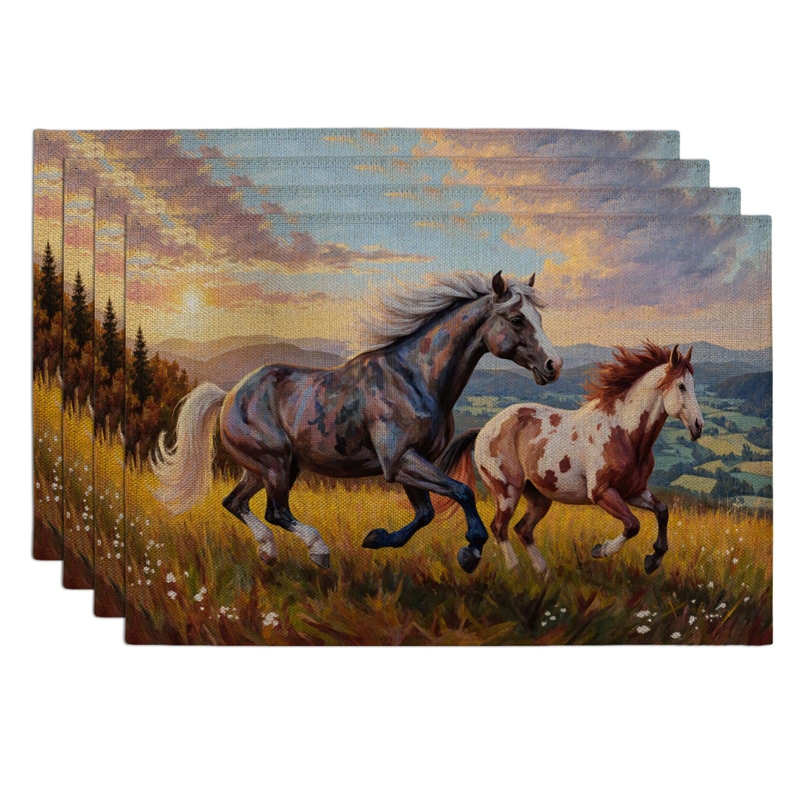 Rustic Horses Placemats, Artistic Country Style Place Mats for Dining Table, All Season Non-Slip Washable Indoor Outdoor Kitchen Party Decorative Placemat Set of 4