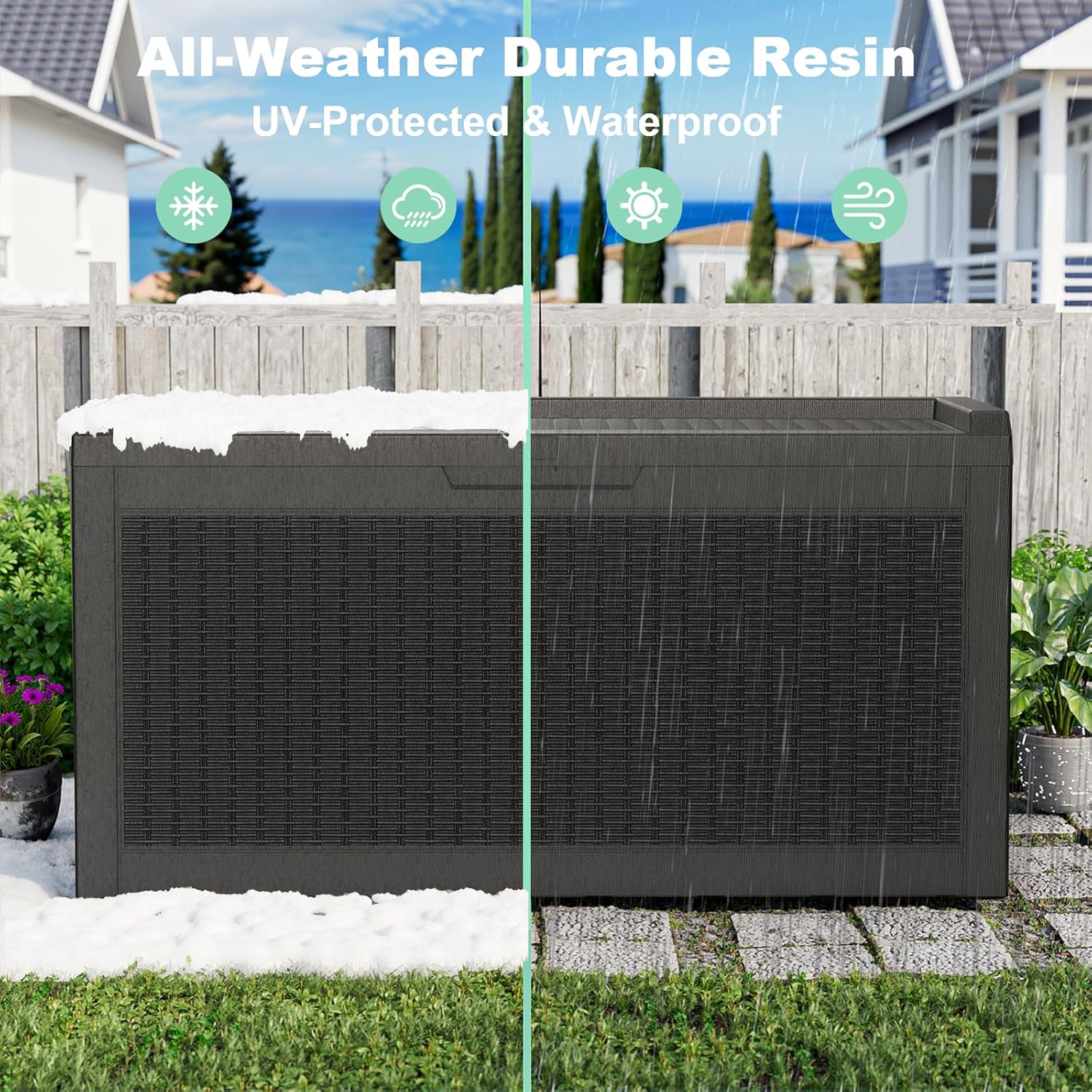 ROJIK Outdoor Storage Box, 80 Gallon Waterproof Deck Box, Weatherproof Resin Outside Storage Bin for Patio Furniture, Garden Tools, Pool Accessories, Cushion, Black