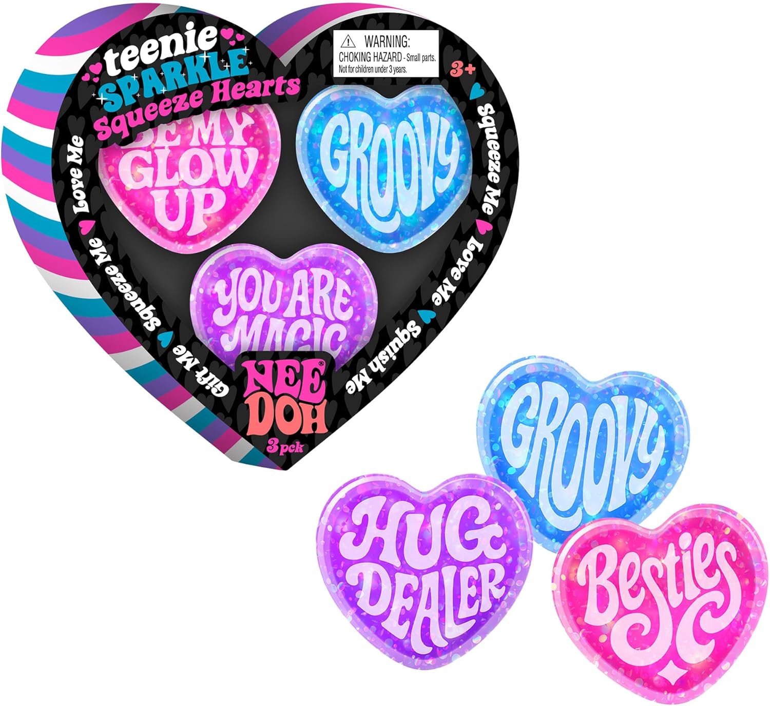 Schylling Needoh Teenie Sparkle Hearts - Sensory Squeeze Toy - Colors May Vary