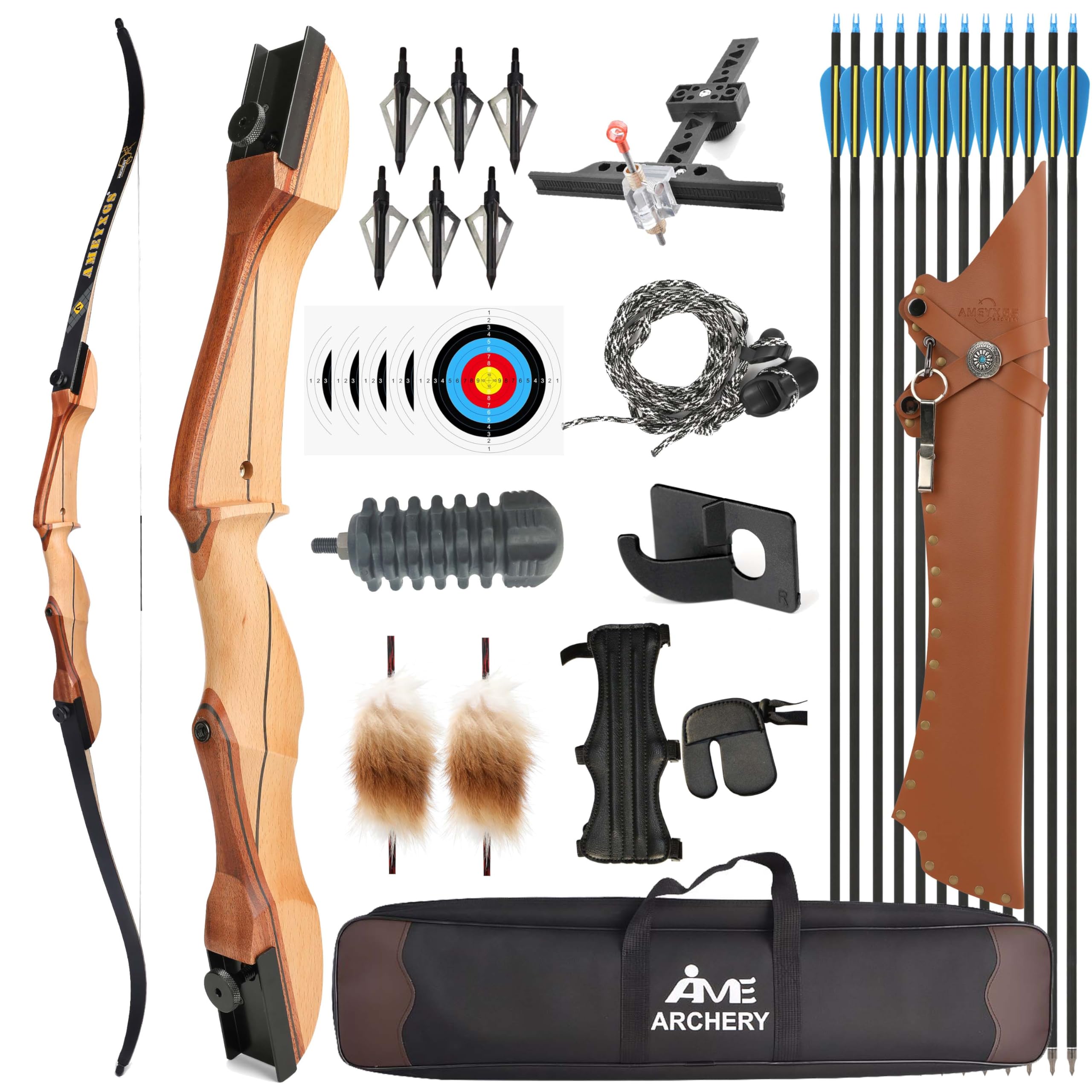 Poearcus Archery Hunting Bow and Arrow Set 66-68-70 Inch Wooden Recurve Bow Kit 14-40 Lbs Takedown Competition Bow Longbow for Target Shooting (70 inch, 38 ibs)