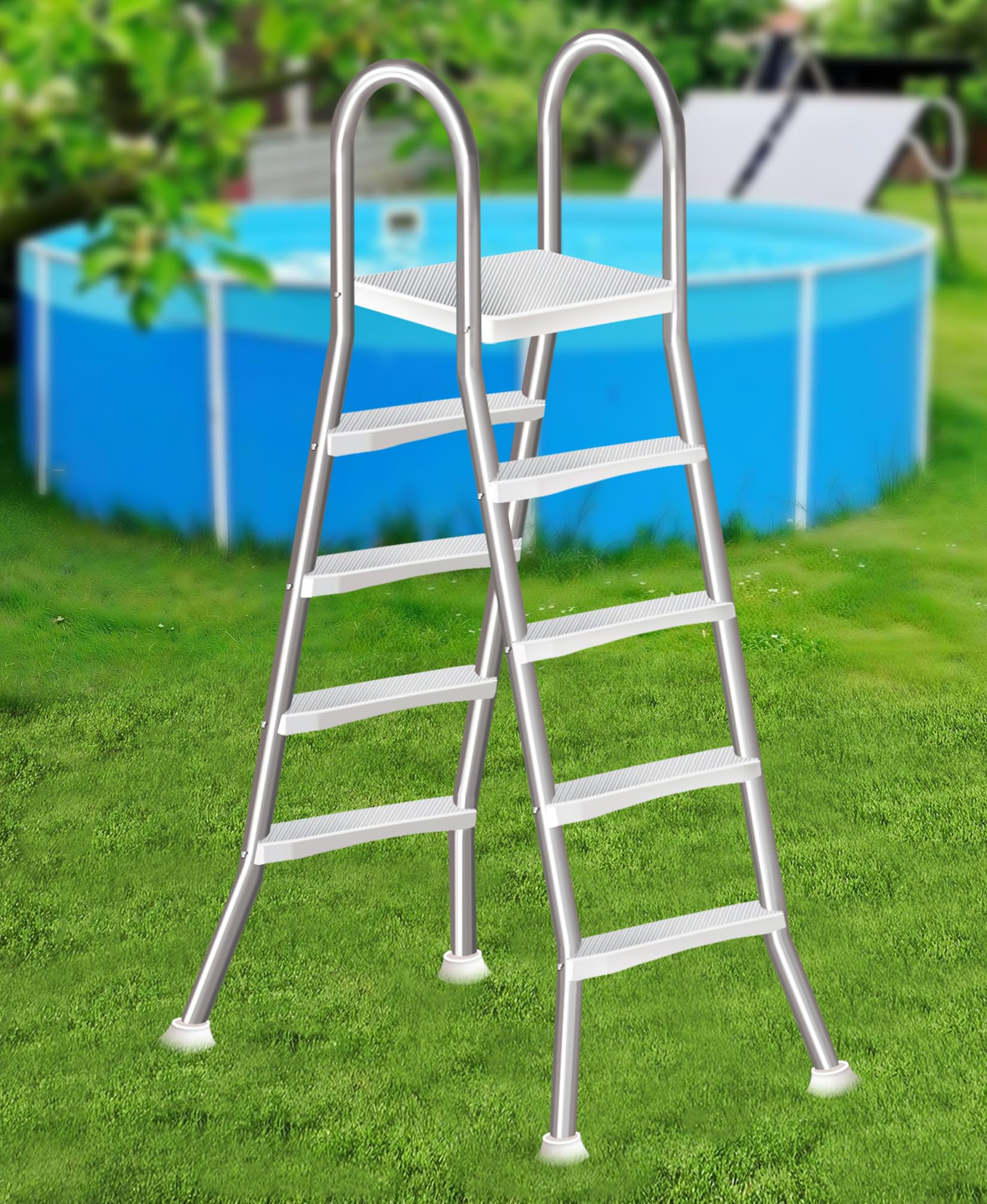 Scala per Piscina Fuori Terra da 135 cm, Scala a 4 Gradini con Struttura a A in Acciaio Inossidabile, Gradini Larghi Antiscivolo e Robusta Struttura,135cm