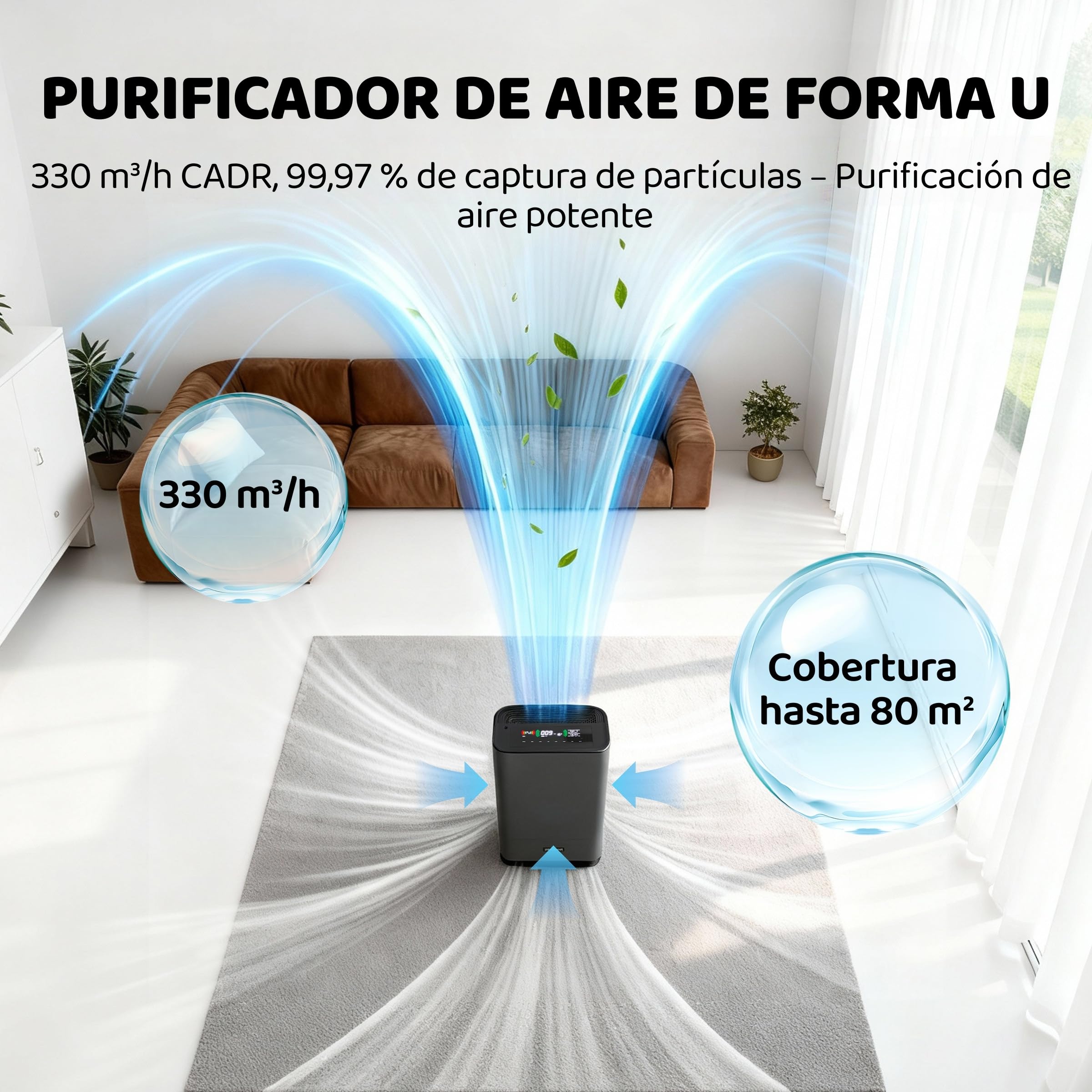 2 en 1 Purificador de Aire, con Función de Humidificación, Purificador de Aire con Filtro HEPA H13, CADR 330m³/h a 80㎡, Elimina 99.97% de Alergias Polen Ácaros Humo Pelo de Mascota, 22dB Modo de Sueño