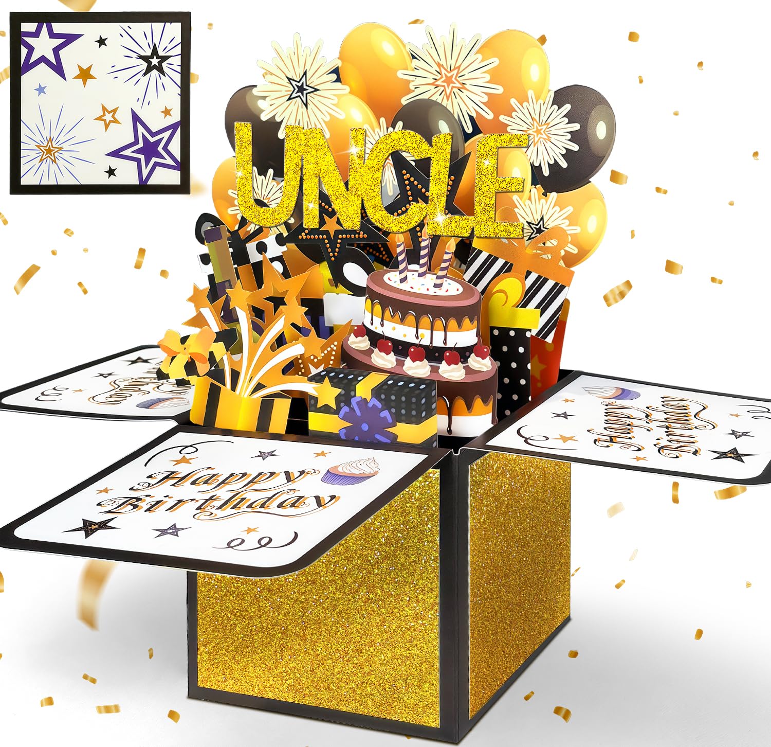 Happivue Uncle Birthday Card, 3D Black Gold Pop Up Birthday Card for Uncle, Personalised Gifts for Unc from Niece Nephew, Popup Gifts Box Greeting Card for Men, Decoration Keepsake Gift for Unc