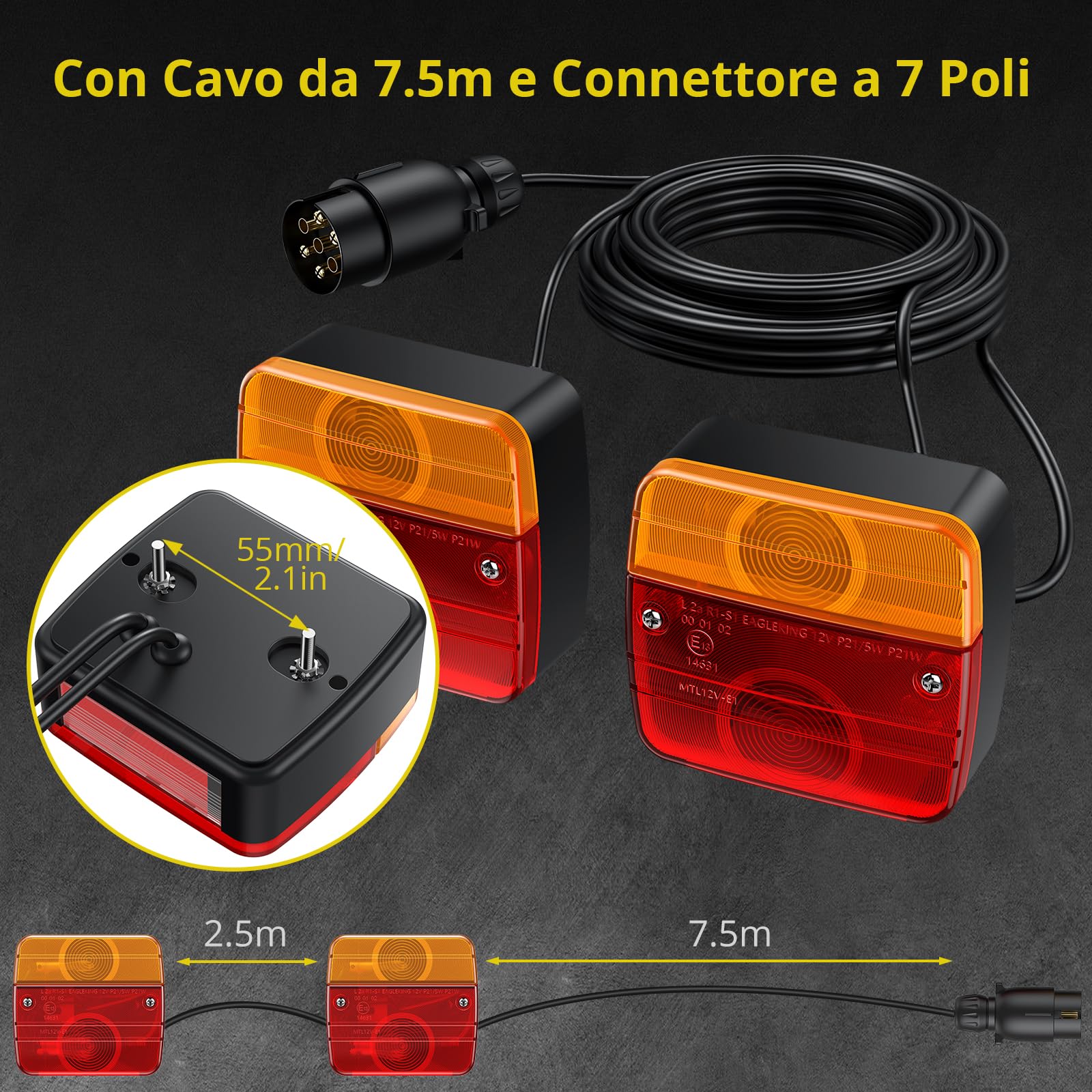 Kit Luci LED Per Rimorchio 12V PROZOR 2 Pezzi - Omologate E11, 18 LED, IP65, Con Riflettore E Cavo 7.5m