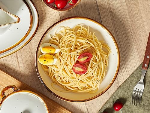 Miniatura 6 de ONEMORE Paquete de platos llanos de 10.5 pulgadas y cuencos de pasta de 30 onzas, aptos para microondas, horno y lavavajillas, color blanco cremoso