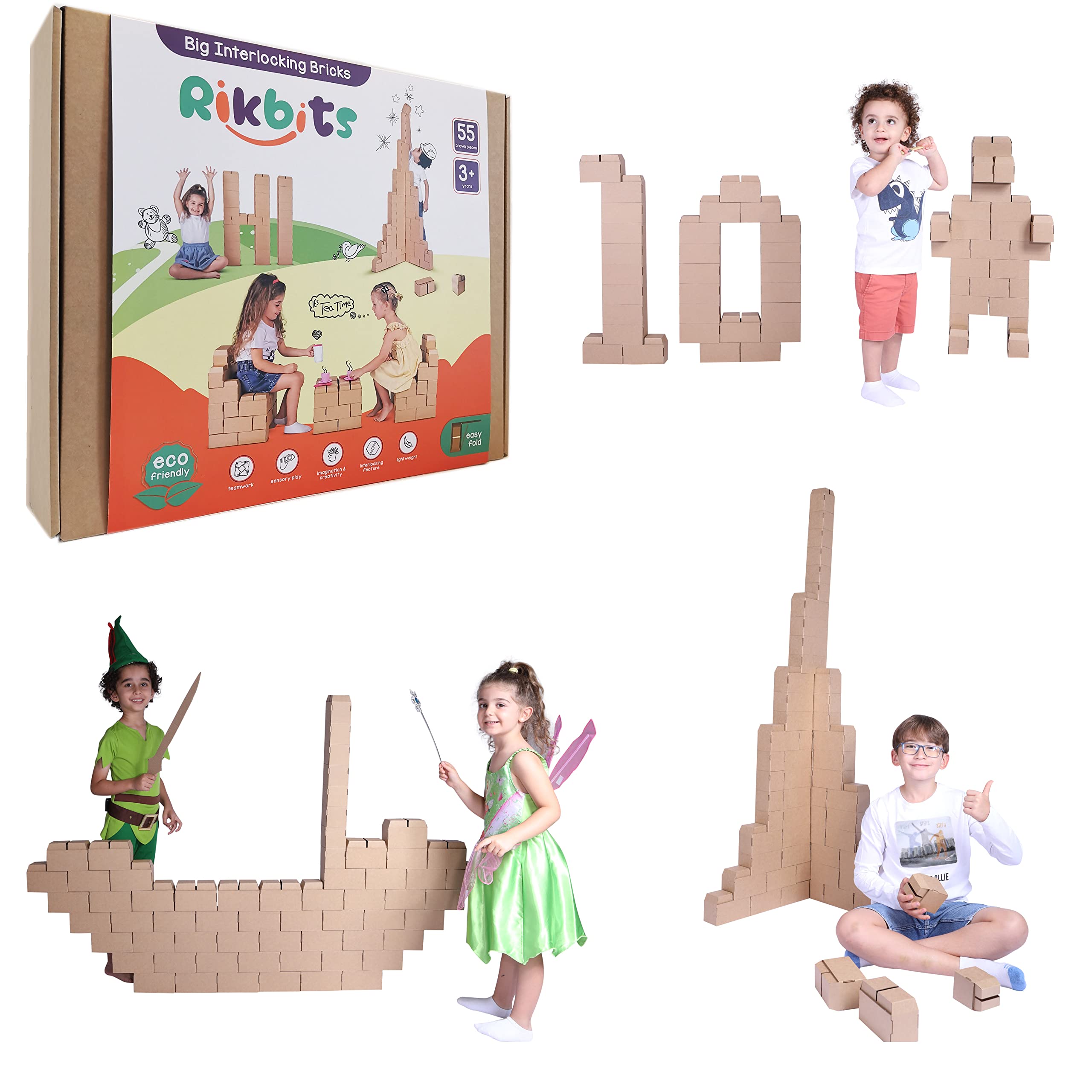 Rikbits Jumbo cardboard large building blocks toys for kids - Brown color - 55 pieces - eco-friendly