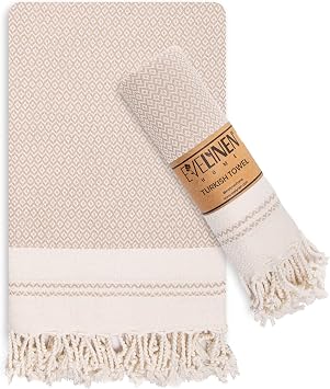 Evelynen Turkish Hand Towels for Bathroom & Kitchen Towels Decorative Set of 2 | Boho Farmhouse Hand Towels with Hanging Loops for Face, Tea, Dish, Kitchen & Bath | %100 Cotton 16" x 32" - Beige