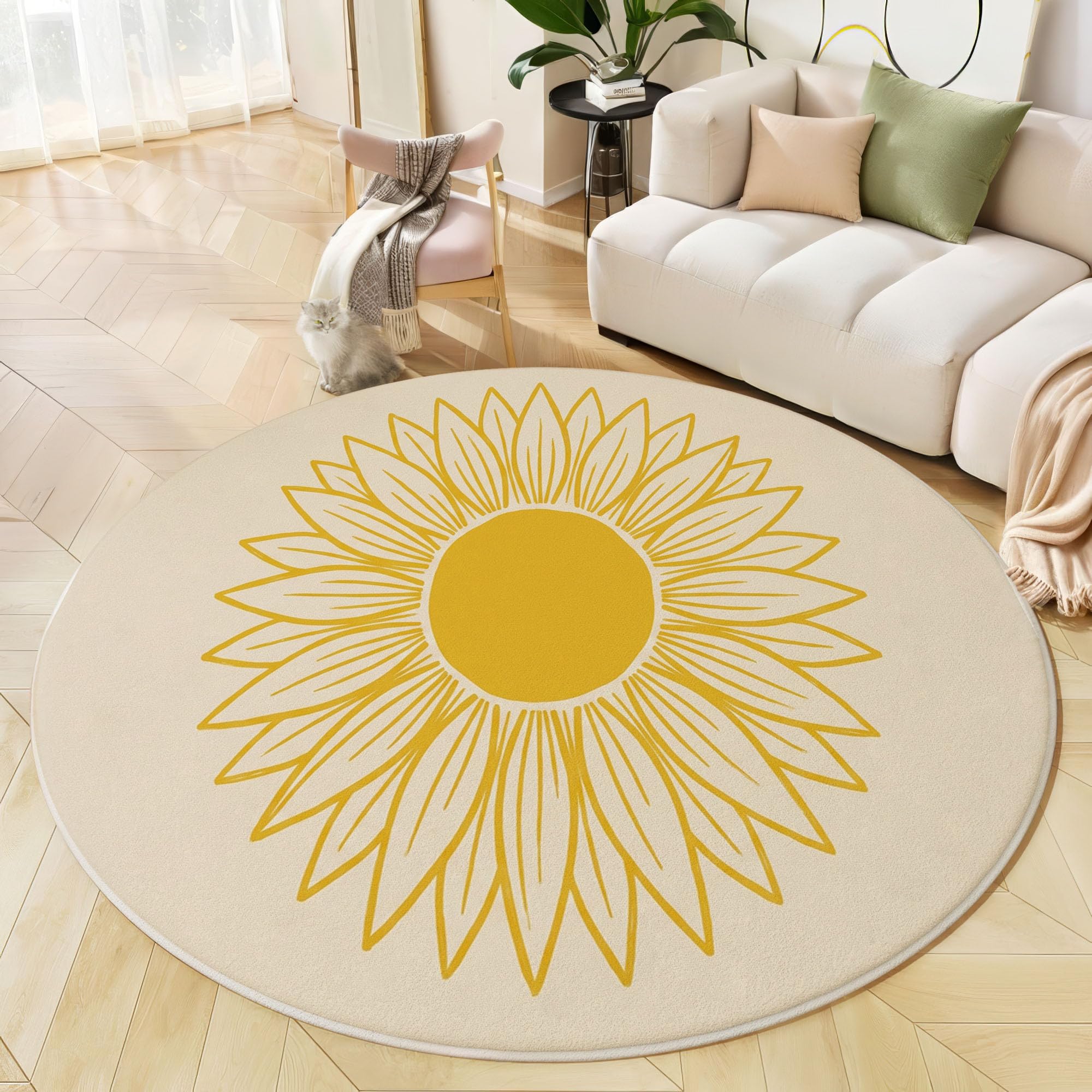 Tapis Rond 160 Cm Tournesol Aux Lignes Simples Salon Chambre | Moquette Lavable Doux, Tapis Adulte Plantes De Bohême Descente De Lit Antidérapant Decoration, Beige