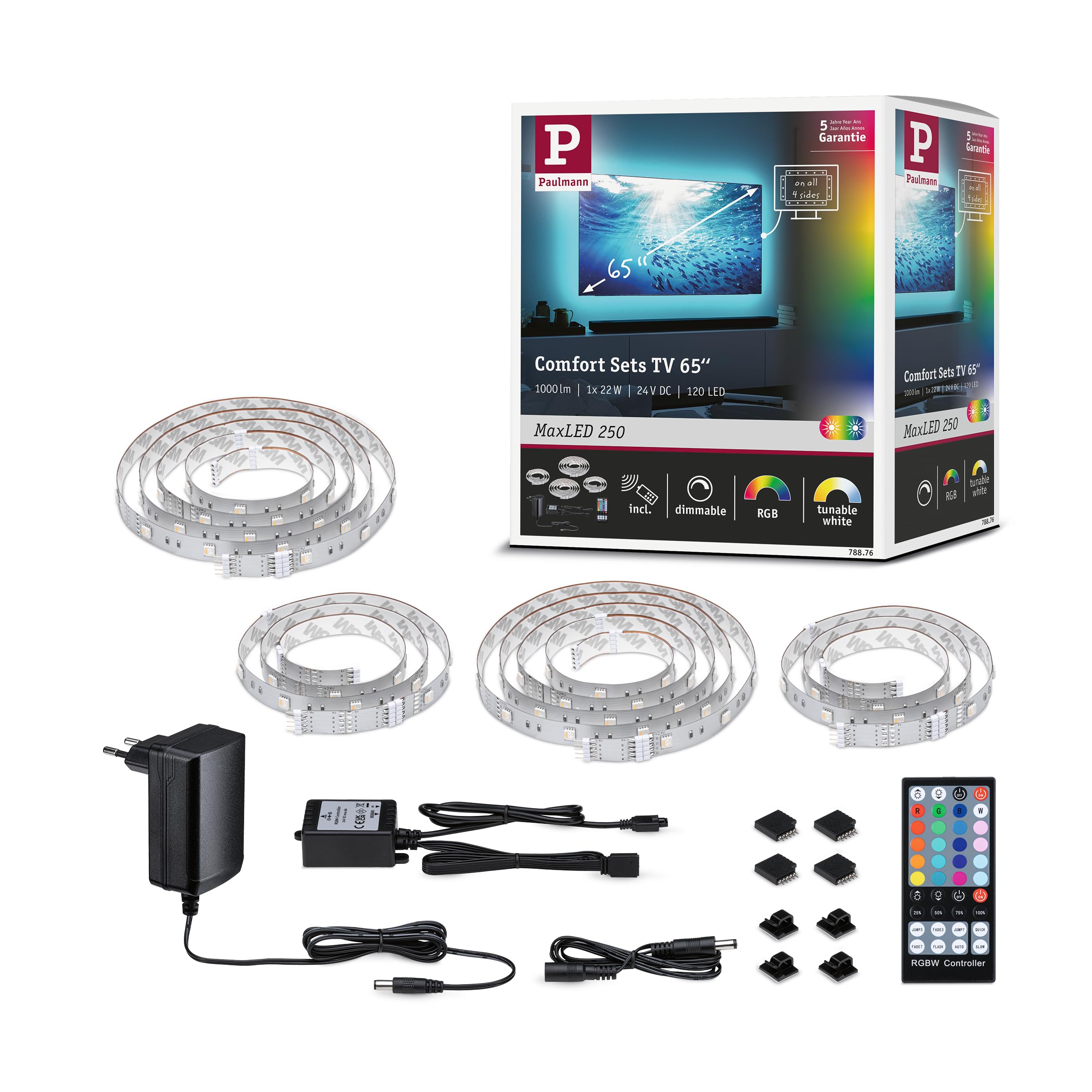Paulmann 78876 MaxLED 250 Strip LED TV Comfort set di base 65 pollici 4,3m 22W 234lm/m 28LEDs/m RGBW+ 24VA dimmerabile