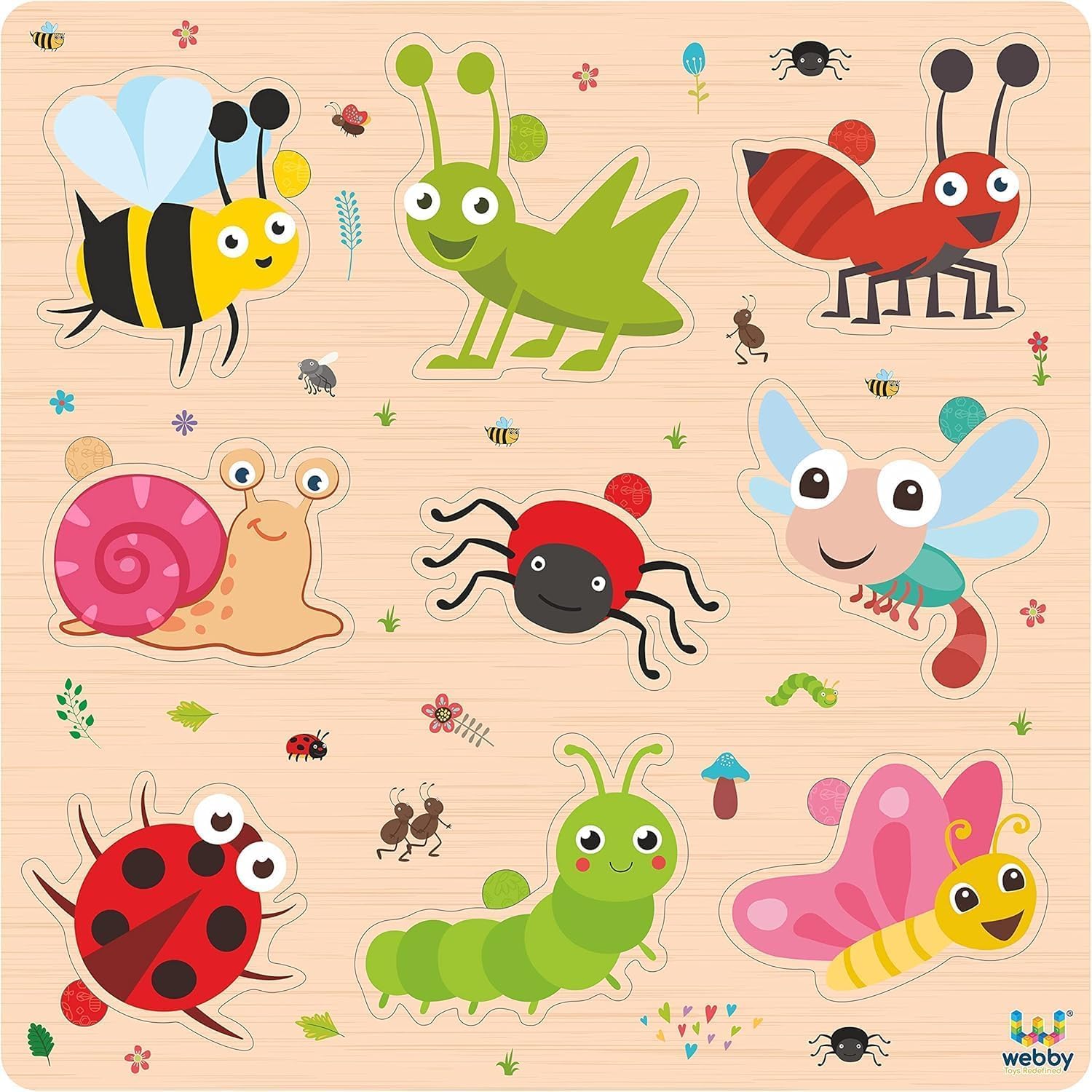 Webby Wooden Insects Puzzle Board Toy | Montessori Toy for Boys & Girls | Enhances Shape, Color & Memory Skills | Safe & Smooth Design | Ideal for 2+ Years