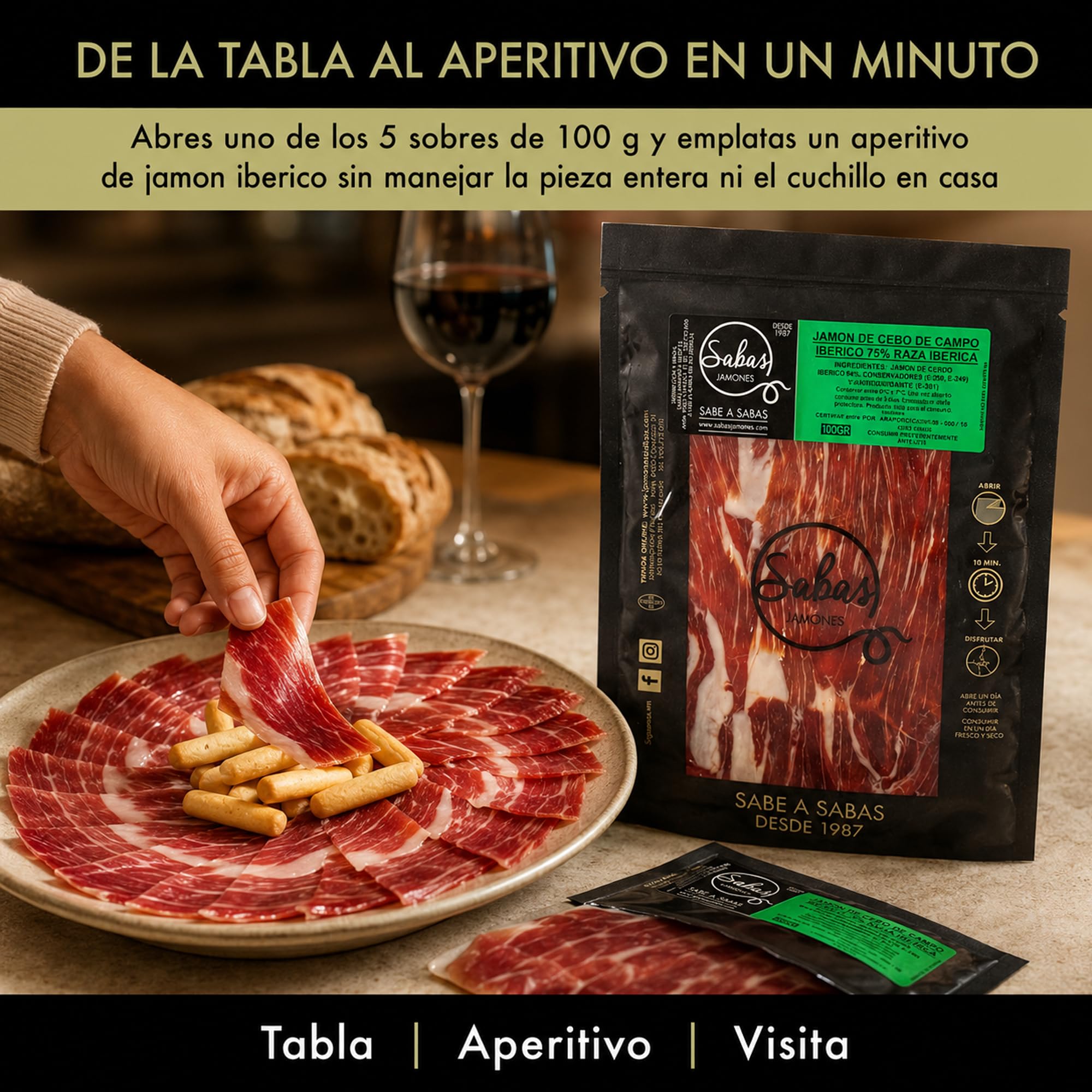 Jamon Iberico Loncheado Cebo de Campo 75% Raza Iberica Cortado a Cuchillo | 5 sobres 100 g envasados al vacio, listos para servir; charcuteria gourmet para tabla, aperitivo, cesta y regalo