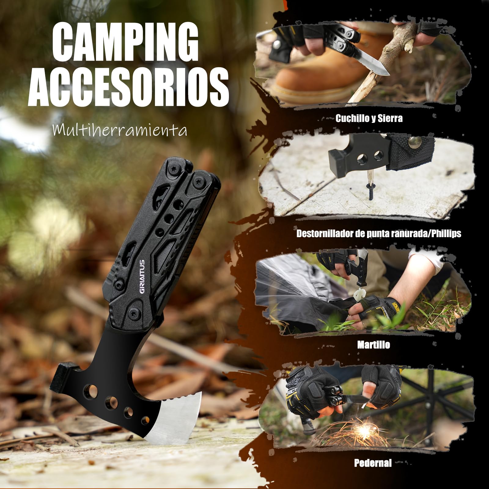 Accesorios Multiherramienta para Acampar Regalos para Hombres 16en1 Herramienta Multiuso con Hacha Supervivencia Navaja Multiusos Regalo Padre