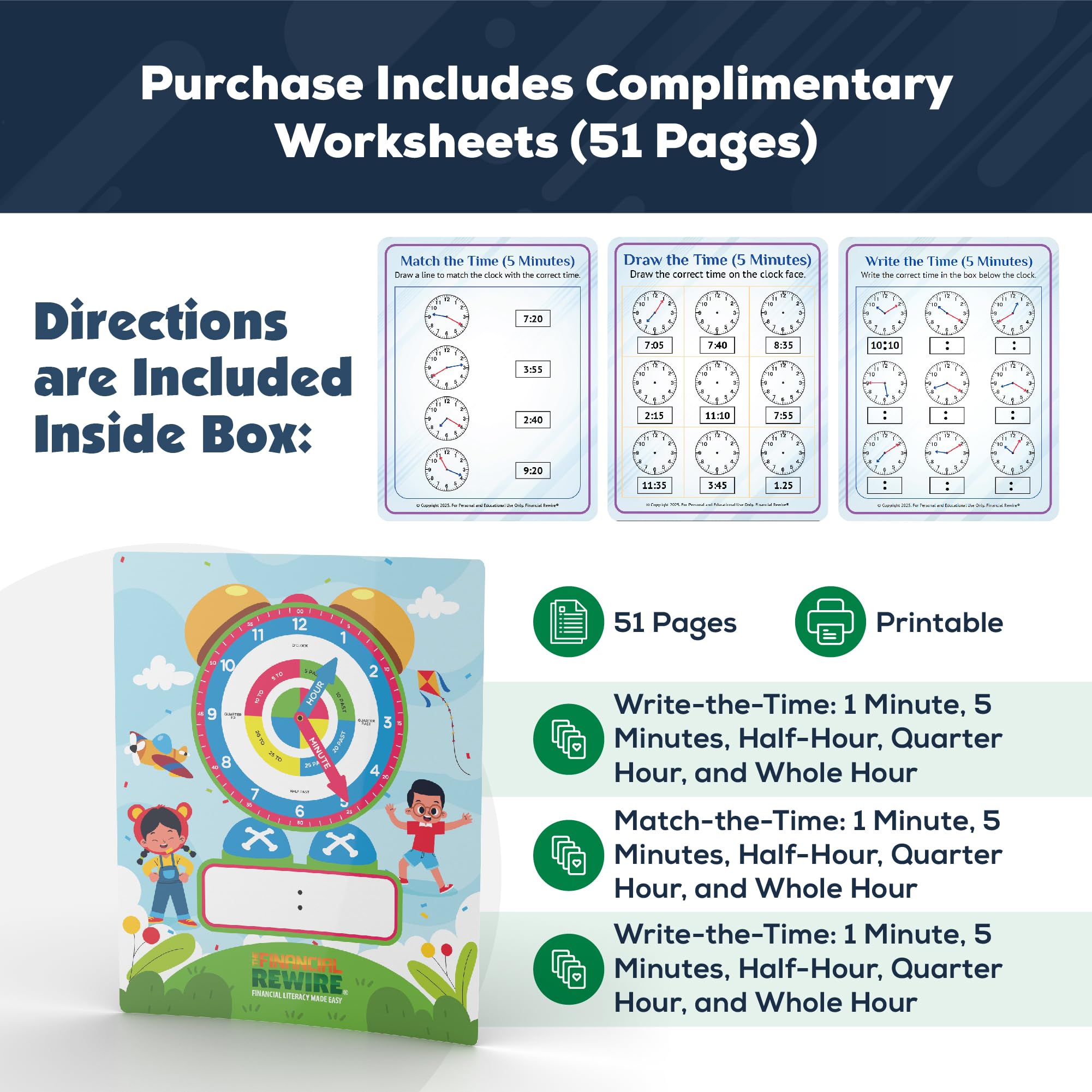 Clock Buddy – Interactive Kids Clock for Learning to Tell Time – Moveable Hands, Dry Erase Surface, Magnets & Lanyard – Includes Worksheets – Fun & Educational Time Teaching Tool for Ages 5+