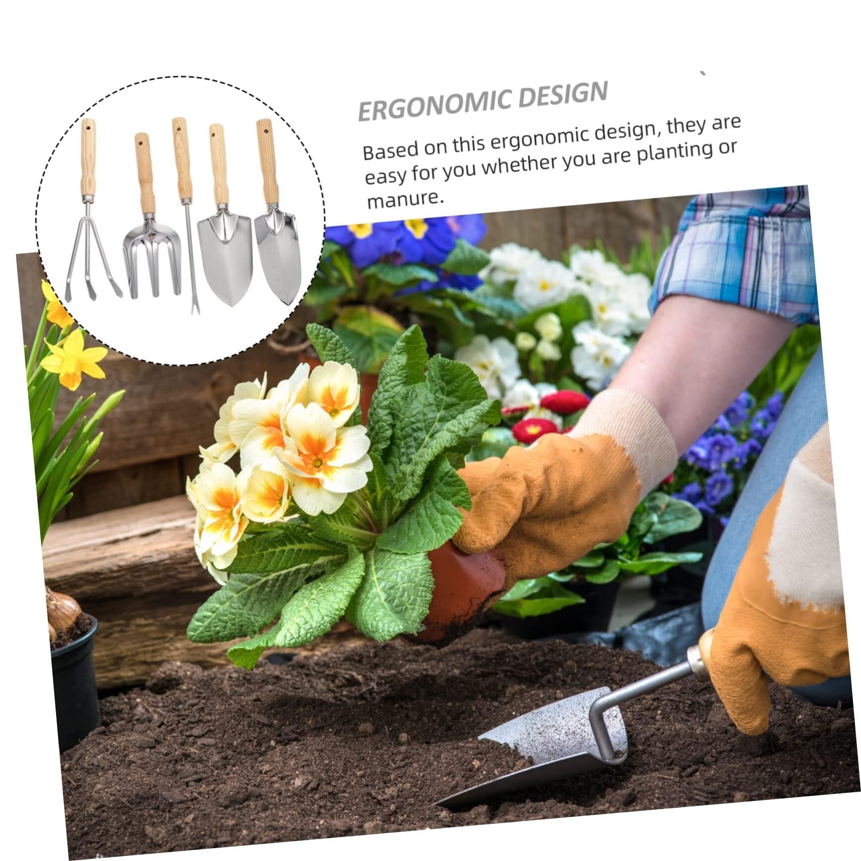 Set di Attrezzi da Giardino 5 Pezzi Utensili manuali da Giardinaggio Cazzuola e coltivatore in Acciaio Inossidabile con Manico Kit da Giardinaggio