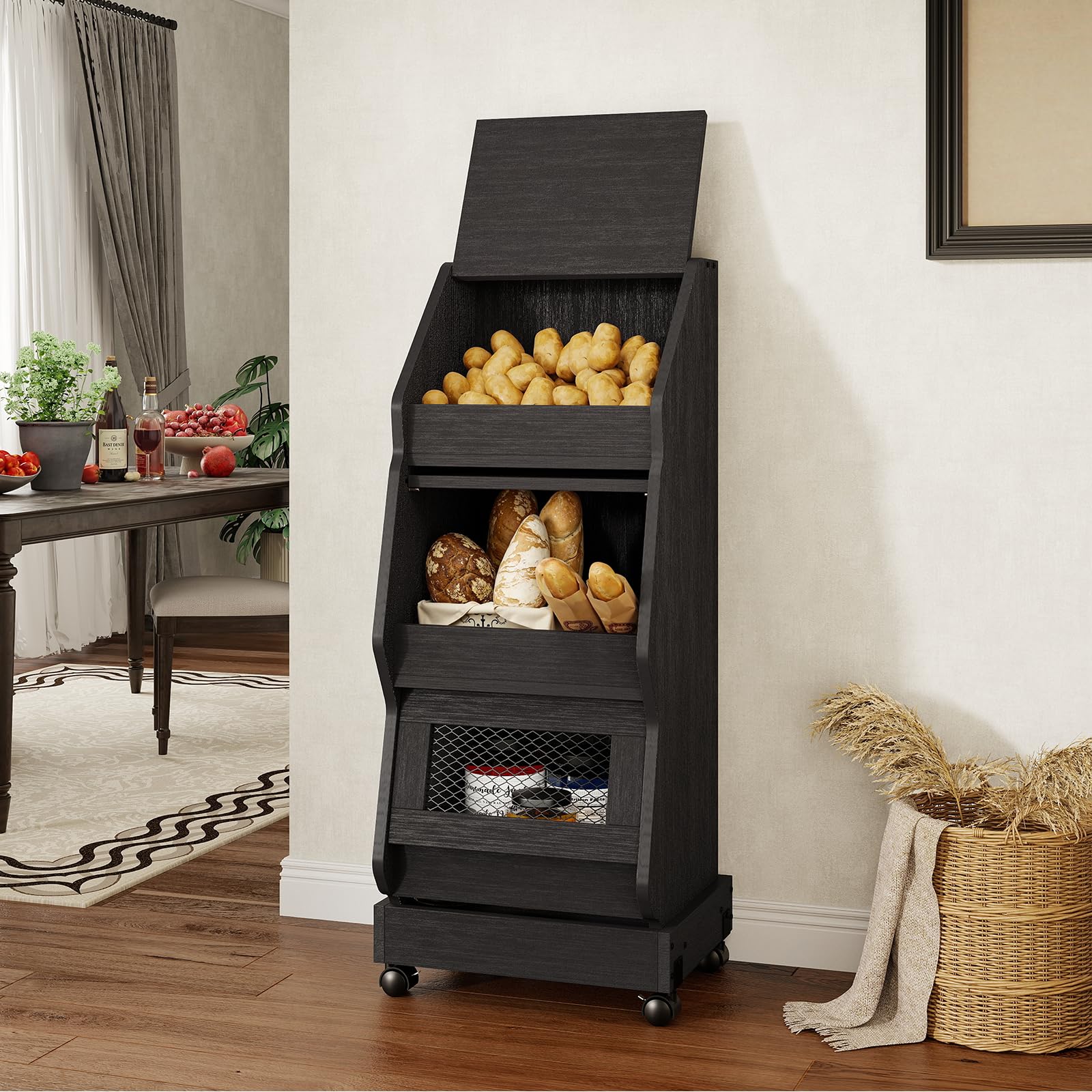 ARTETHYS Gemüseregal mit Rollen, Kartoffelkiste aus Holz, Aufbewahrungskiste mit Deckel, 3 Etagen Obst und Gemüse Aufbewahrung, Küchenwagen Rollwagen, Schwarz