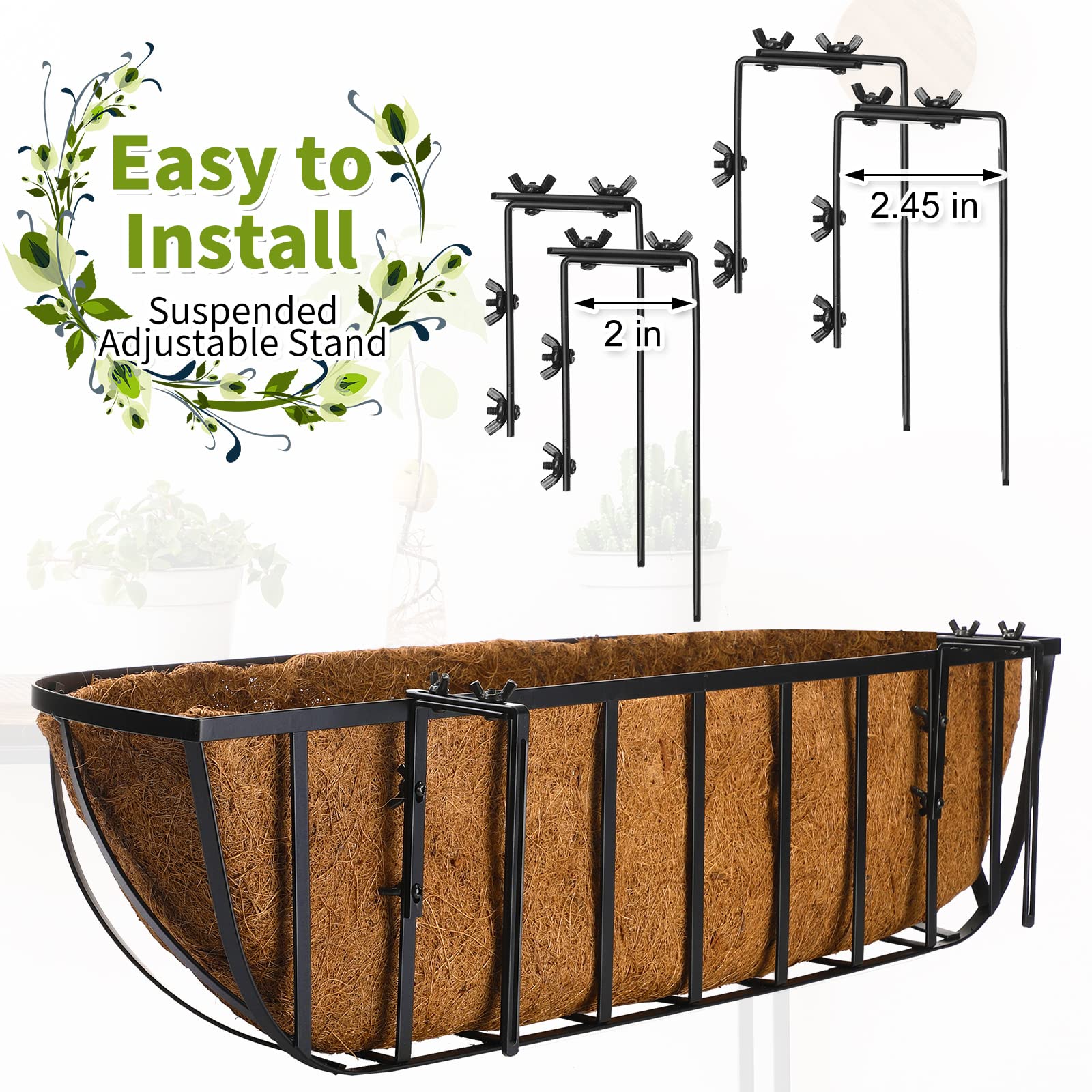Tessco - 4 cestas de ventana con forro de coco de 36 pulgadas, macetas de barandilla, macetas de metal negro para colgar flores para interiores y exteriores