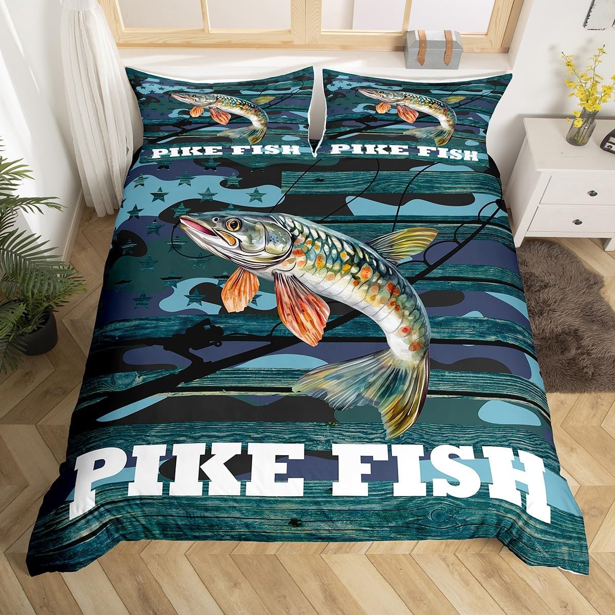 Erosebridal Big Pike Fish Bedding Set Full,Bass Fishing Duvet Cover for Kids Boys Men Room Decor,Blue Camo American Flag Bed Set Rustic Lake House Duvet Cover with 2 Pillowcases (No Comforter)