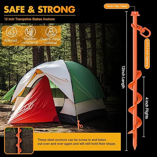 Miniatura 9 de Juego de 8 anclajes de tierra atornillados, estacas resistentes de 12 pulgadas para tienda de campaña con mango en T, llave hexagonal para